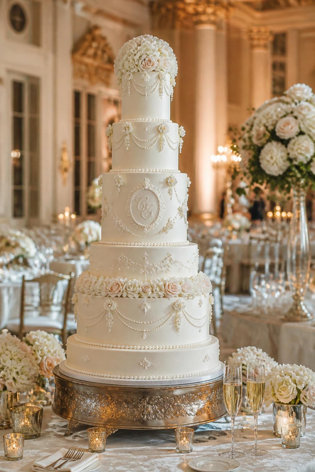 Image Prompt: Ultra-realistic wedding party photo of a tall French chateau wedding cake with multiple elegant tiers, smooth ivory icing, delicate piping, soft floral accents, pearl details, and a romantic luxury finish. Place the cake on a grand reception cake table with candles, champagne glasses, floral centerpieces, fine linens, and a softly blurred chateau-style wedding venue backdrop. Keep the cake as the clear main subject. No visible faces. If people appear, show only cropped hands, back views, side views in blur, or neck-down figures. Realistic cake height, refined icing detail, soft romantic DSLR wedding photography. (no watermarks on images)