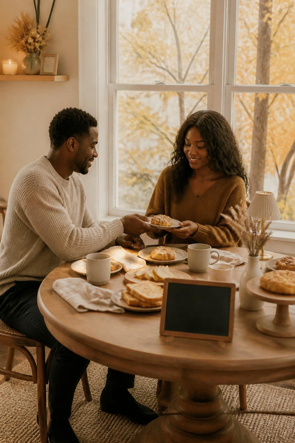 Image Prompt: A bright home dining area transformed into a small autumn café, a round wooden table set with ceramic mugs, apple pastries, toasted sandwiches, sliced pears, linen napkins, and a handwritten-style blank menu board, a Black couple wearing relaxed knit sweaters taking turns serving each other, small table lamp, low vase of dried grasses, golden leaves visible through the window, natural crumbs and fabric creases, soft late-morning daylight, polished editorial DSLR lifestyle photography, 35mm lens, no readable writing, no visible brands, no text overlay.