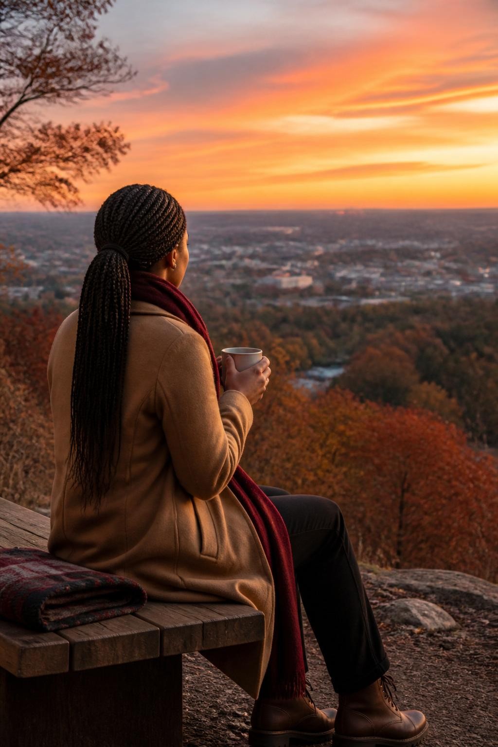 Image Prompt: A breathtaking but realistic DSLR lifestyle photograph of a Black woman with medium-deep brown skin watching a fall sunset alone from a safe hilltop viewpoint overlooking a small city and tree-covered landscape, seated on a wooden bench with a warm drink held in both hands, wearing a long camel coat, burgundy scarf, dark trousers and comfortable boots, neat waist-length box braids pulled into a low ponytail, orange and pink sky fading over copper trees, small blanket folded beside her, peaceful reflective expression, realistic evening light and body proportions, cinematic editorial travel photography, 70mm lens, no visible logos, no text.