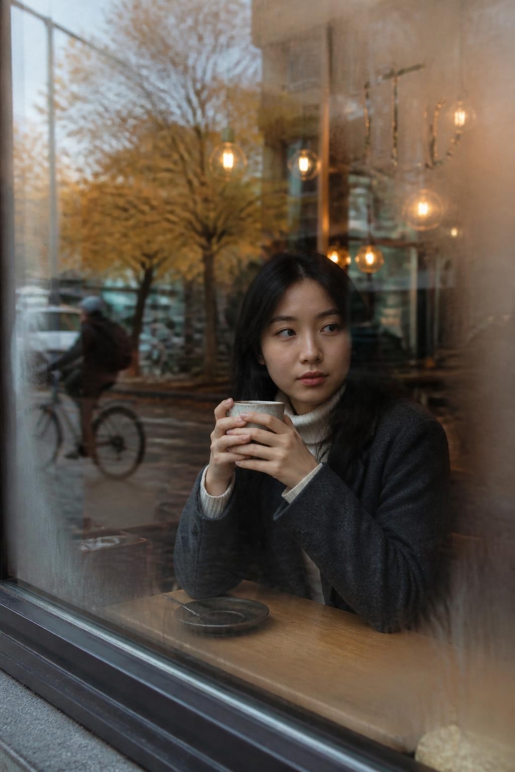 Image Prompt: A cinematic but natural DSLR photograph taken from outside a cozy neighborhood café on a chilly fall morning. A young East Asian woman sits beside a slightly fogged window wearing a charcoal coat over a cream turtleneck, holding a ceramic mug near her face. Small sections of the glass are clear while the edges show soft condensation and faint finger-drawn lines. Reflections of amber trees, passing bicycles, and warm hanging lights appear across the window. Her face is partly visible through the reflections, candid expression, realistic café interior, soft shadows, gentle grain, believable glass reflections, warm indoor light balanced with cool outdoor daylight.