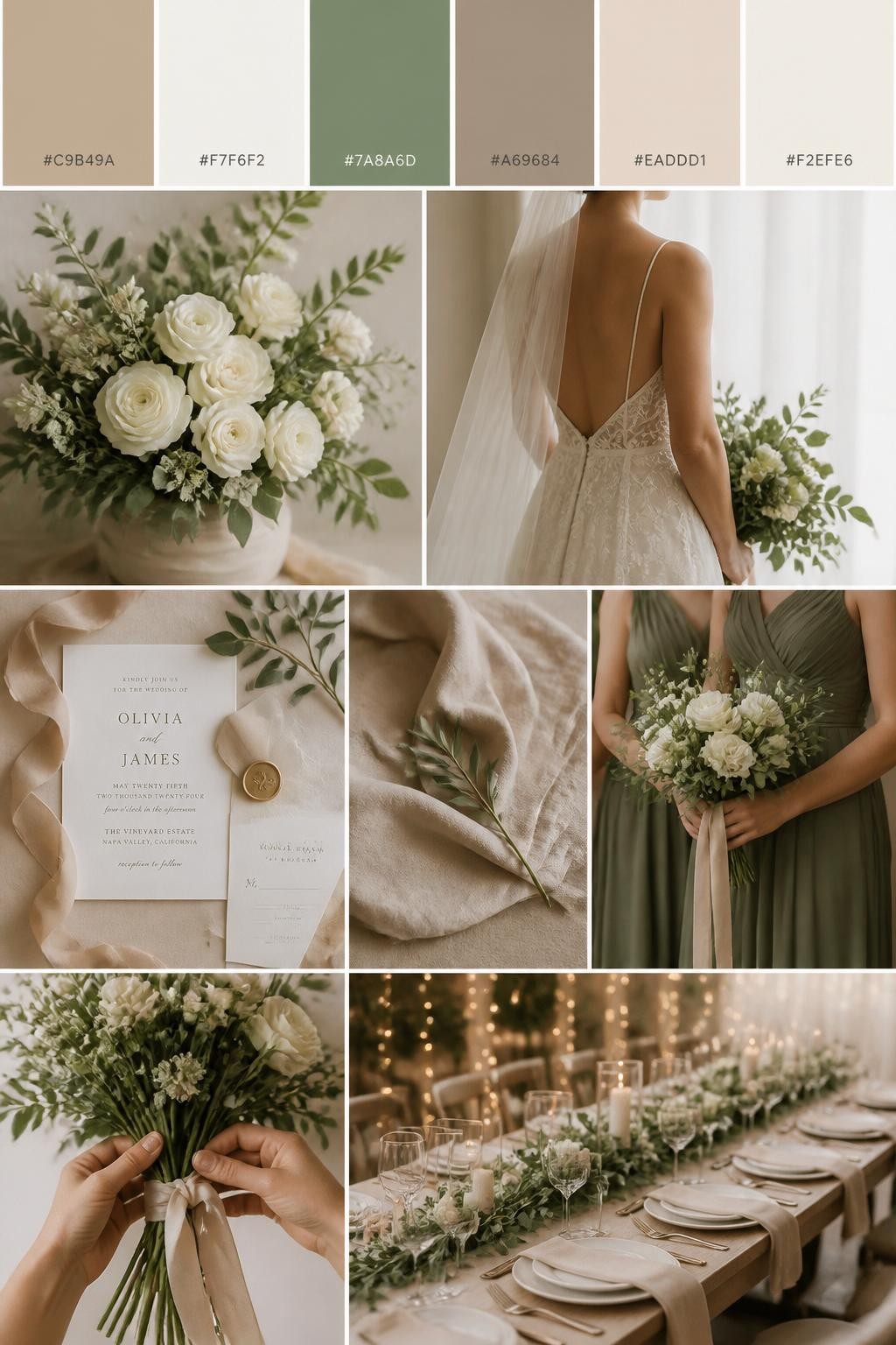 Image Prompt:
A realistic earth tone wedding color palette mood board with a top strip of swatches and small hex codes in clay beige, soft white, dusty green, warm taupe, pale nude, and ivory. Below, show a cohesive collage of dusty green greenery, soft white flowers, clay-beige linens, stationery with silk ribbon, a back-view bridal detail, cropped bridesmaid dress fabric shots, hands-only bouquet styling, and a romantic reception table under soft glowing light. Keep faces out of frame using side angles, back views, close-up crops, and no-people scenes. The overall mood should feel soft, natural, romantic, and polished with realistic DSLR photo quality. 9:16 vertical format. (no watermarks on images)