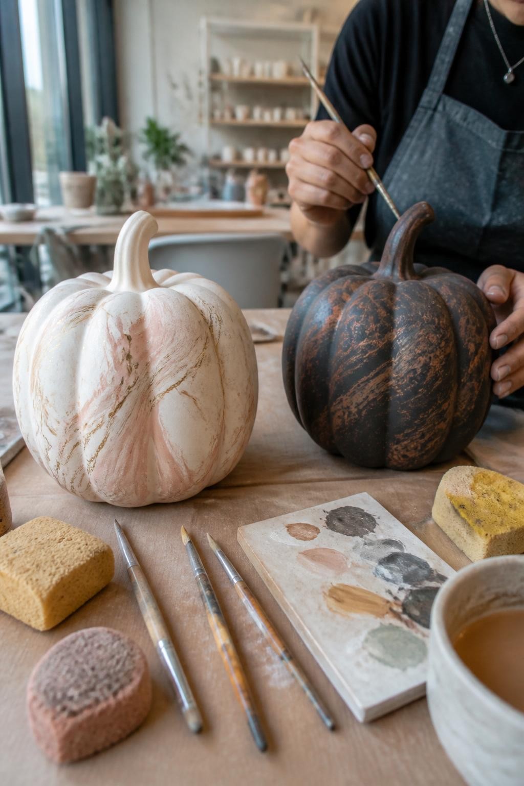 Horizontal 16:9 realistic iPhone photo of two ceramic pumpkins being painted with marble effects at a pottery studio, one warm white with blush, taupe, and muted-gold veins, the other charcoal with copper and soft-brown veins, fine brushes and damp sponges visible beside the pieces, natural window light, realistic unfinished underglaze texture, relaxed creative date setting, no distorted hands, no text.