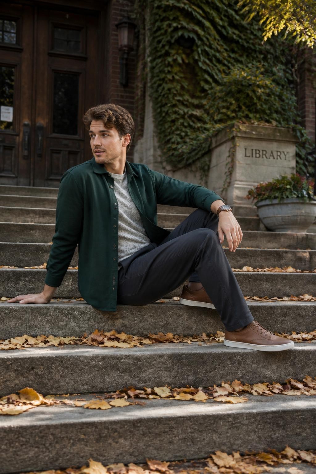 Image Prompt: A realistic editorial photograph of a young white man sitting backward on a wide outdoor stone staircase surrounded by scattered fall leaves. He wears a forest green overshirt layered over a grey knit top, relaxed charcoal trousers, and clean brown sneakers. He sits two steps above the camera with his torso turned over one shoulder, one knee raised slightly higher than the other. One forearm rests across the raised knee while his opposite hand touches the stone step behind him. The staircase leads toward an old library with dark wooden doors and climbing ivy. Soft afternoon light, natural skin texture, realistic fabric folds, understated masculine pose, architectural leading lines, crisp DSLR detail.