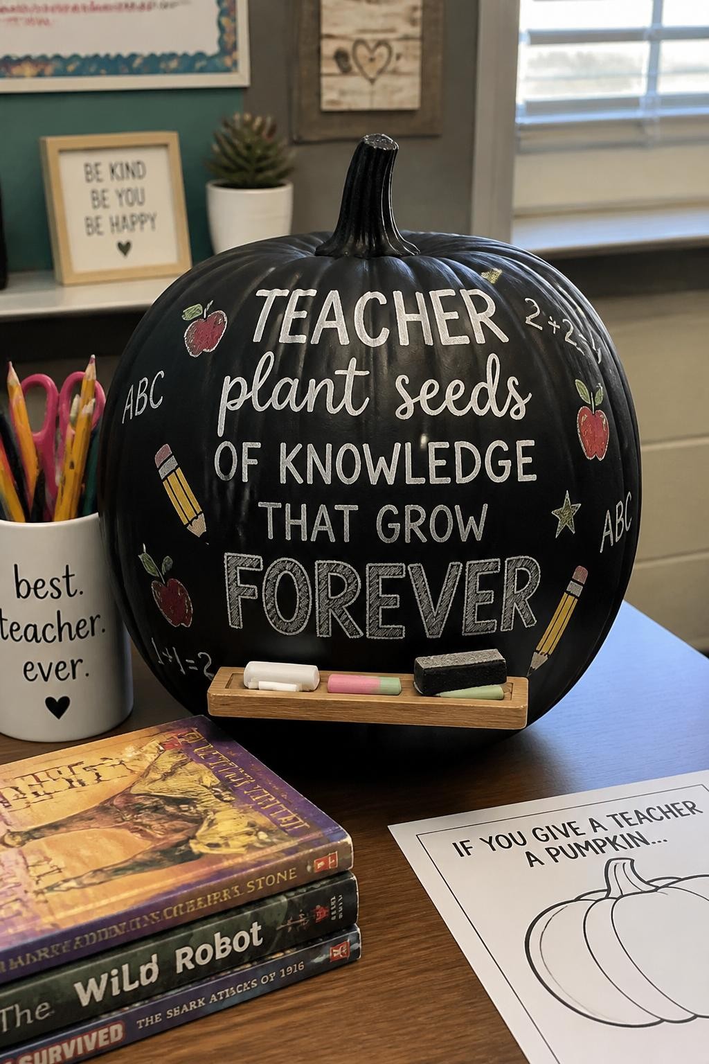 Image Prompt: A realistic DSLR photo of a matte black pumpkin decorated like a classroom chalkboard, with white hand-lettered school phrases, doodled stars, apples, pencils, ABC letters, math symbols, and a small wooden chalk tray, displayed on a teacher desk with chalk, erasers, books, and soft classroom window light, clean school contest display.