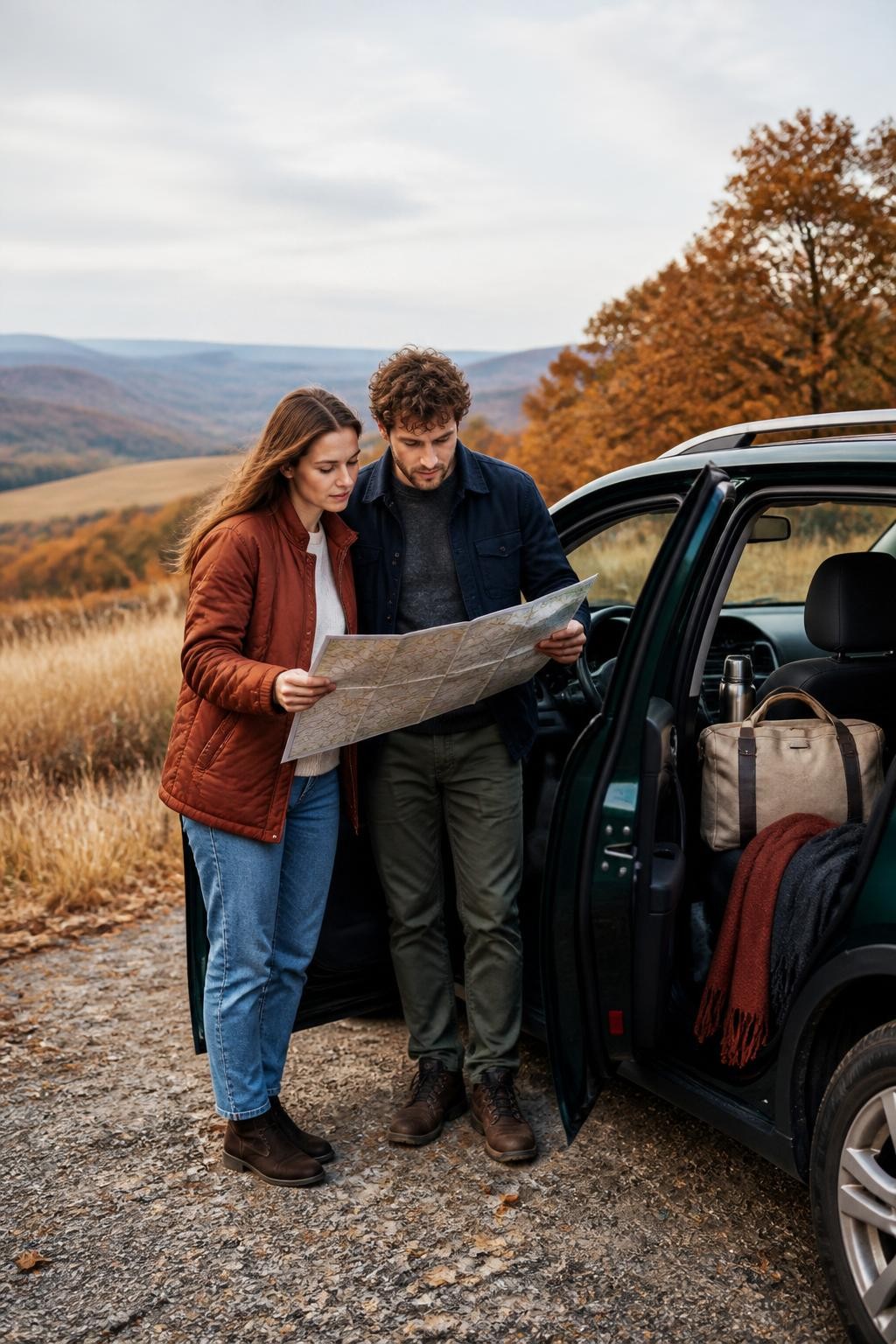 Image Prompt: A realistic wide-angle DSLR photograph of a young white couple standing beside the open passenger door of a dark green compact SUV at a quiet countryside overlook. The woman wears a rust quilted jacket, cream sweater, straight-leg jeans, and dark ankle boots. The man wears a navy overshirt over a charcoal knit top, olive trousers, and brown walking shoes. They hold a large folded paper map across the car door while leaning close together to study the route. A thermos, canvas weekend bag, and two scarves are visible inside the car. Faded golden grass, copper trees, and distant hills fill the background. Soft late-afternoon light, realistic vehicle and map proportions, natural skin texture, subtle wind movement, romantic road-trip editorial photography.