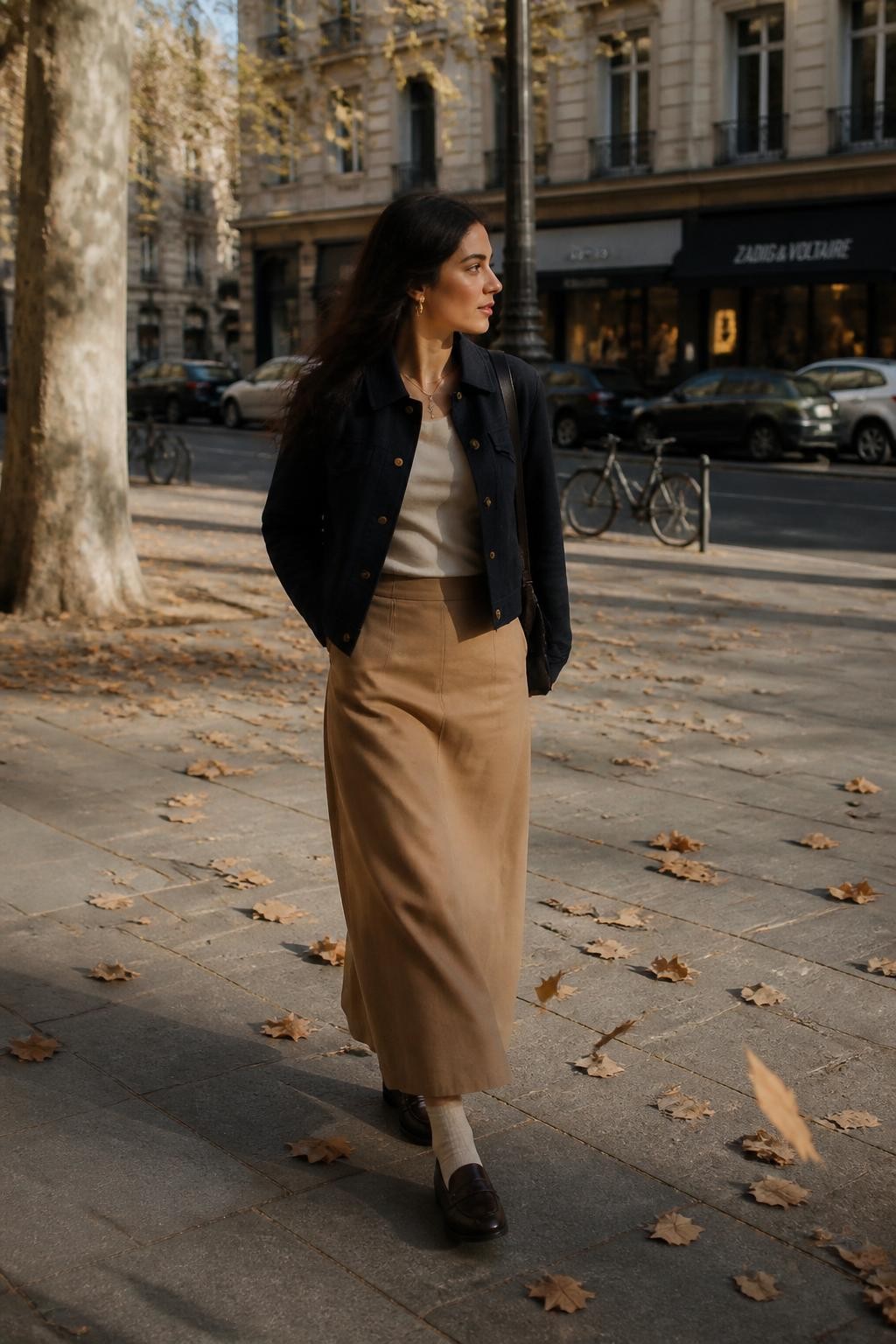 Image Prompt: A realistic full-body DSLR photograph of a young Mediterranean woman walking along a wide tree-lined pavement on a breezy fall afternoon. She wears a long camel skirt, cropped navy jacket, cream socks, and dark leather loafers. Dry leaves move naturally across the path around her feet, created by the wind rather than being thrown. Her hair and jacket hem move slightly as she walks, and she looks toward a shop across the street. Low side lighting, long soft shadows, believable motion, sharp face and outfit with slight movement in the leaves, editorial street photography.