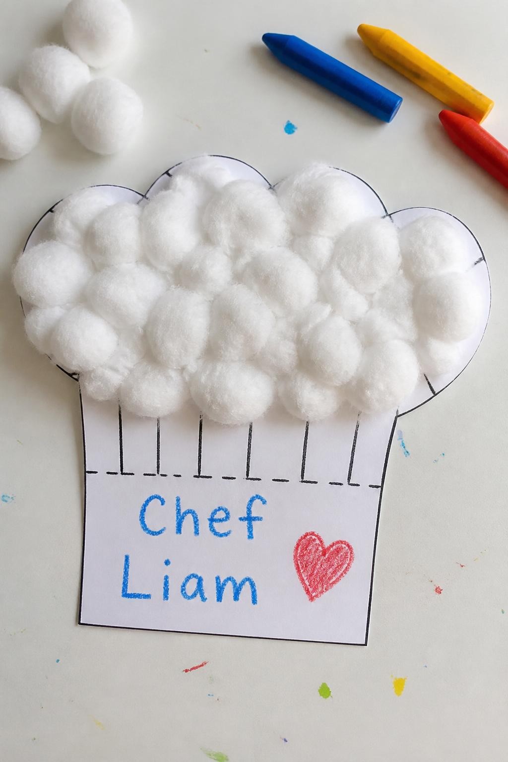Image Prompt: Photo of a finished cotton ball chef hat craft, overhead flat lay, placed on a white art studio desk with cotton balls and chunky crayons nearby, bright natural lighting, hat occupying most of the frame, fluffy texture and simple toddler-made details clearly visible, realistic craft photography, latest iPhone photo quality.