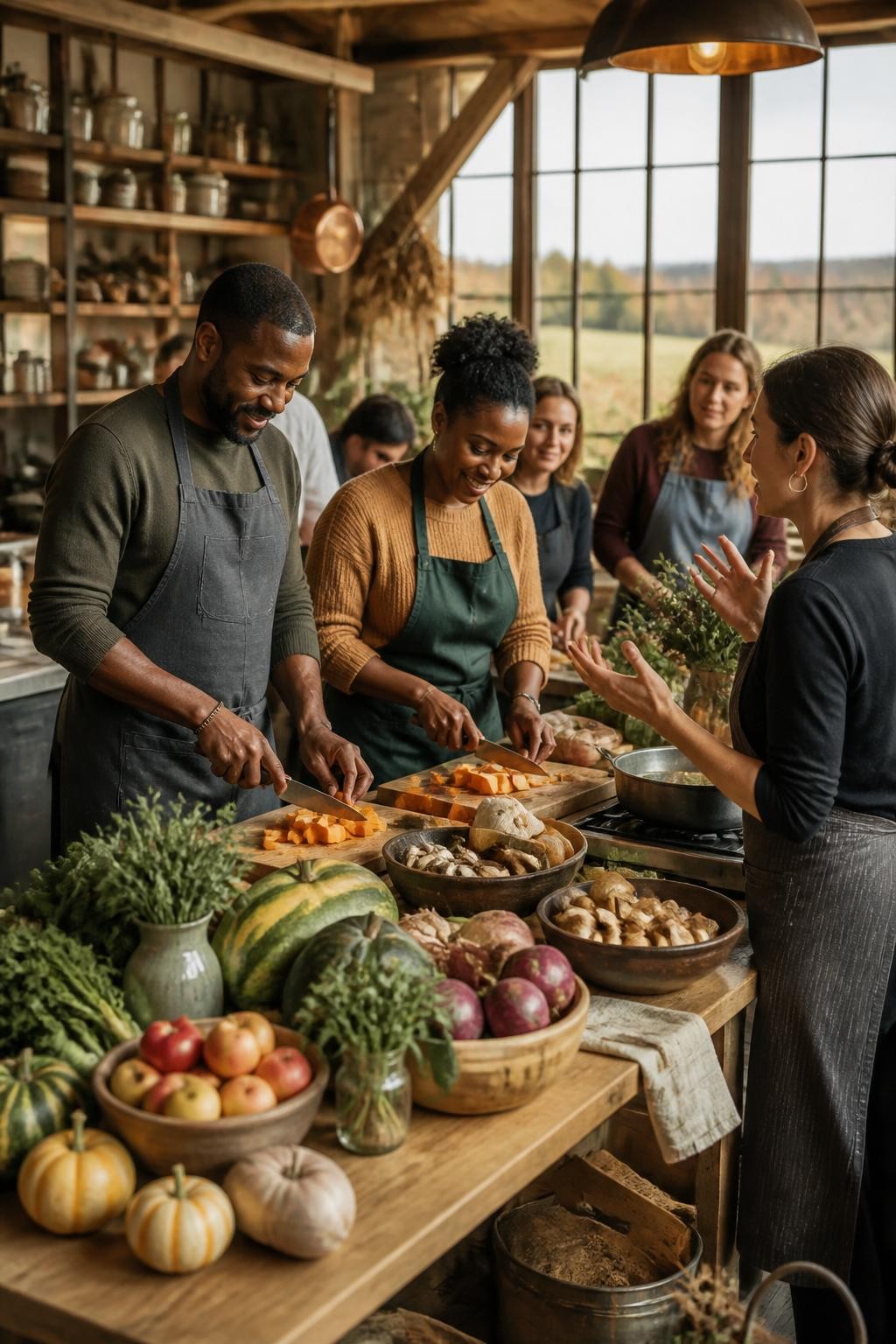Image Prompt: A rustic teaching kitchen inside a working farm, adults gathered around a large wooden island covered with squash, mushrooms, fresh herbs, apples and root vegetables, an instructor demonstrating how to prepare a seasonal dish, a Black couple chopping vegetables together in practical aprons, open shelves, copper pans and large windows overlooking autumn fields, natural food preparation mess, warm afternoon light, editorial DSLR food photography, 50mm lens, no branding, no text.