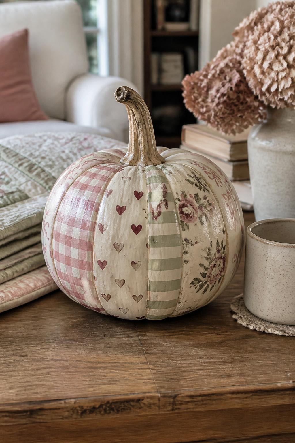 Horizontal 16:9 casual iPhone photograph of a real cream pumpkin divided into hand-painted patchwork sections featuring pink gingham, tiny burgundy hearts, cream bows, dusty floral prints, and muted sage stripes, natural twisted stem, displayed on a coffee table beside a folded quilt, ceramic mug, neutral books, and dried flowers, soft natural daylight, visible handmade borders, no perfect digital patterns, no text.