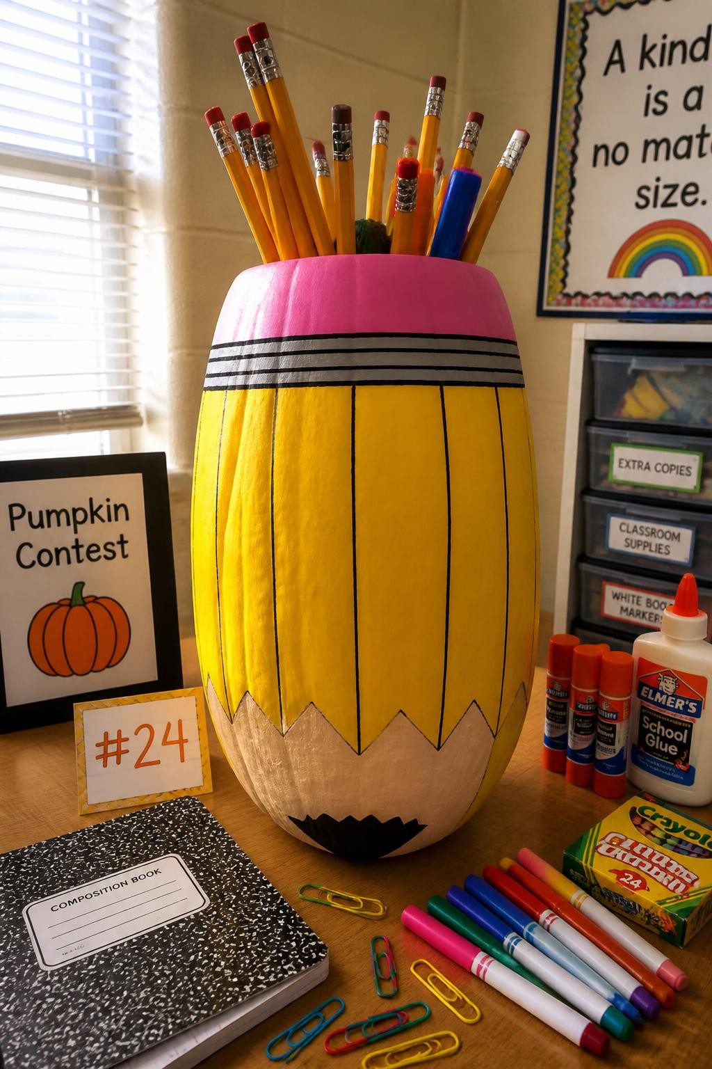 Image Prompt: A realistic DSLR photo of a tall yellow-painted pumpkin decorated like a giant pencil cup, with painted pencil lines, a pink eraser top detail, black graphite tip accent, and real pencils, crayons, and markers arranged around it, displayed on a classroom desk with notebooks, glue sticks, paper clips, and warm natural window light, cheerful school pumpkin contest display.