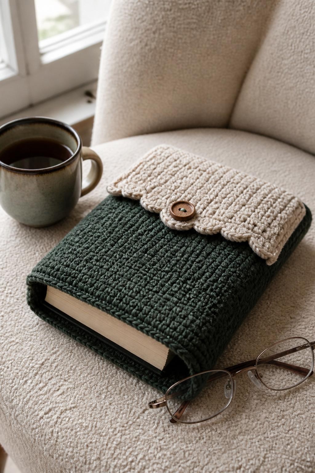A realistic iPhone photograph of a padded crochet book sleeve in dark green yarn with a cream scalloped flap and wooden button, holding a paperback book beside reading glasses and a mug, photographed on a cozy chair in natural window light, realistic thick crochet stitches, no readable book title, no text