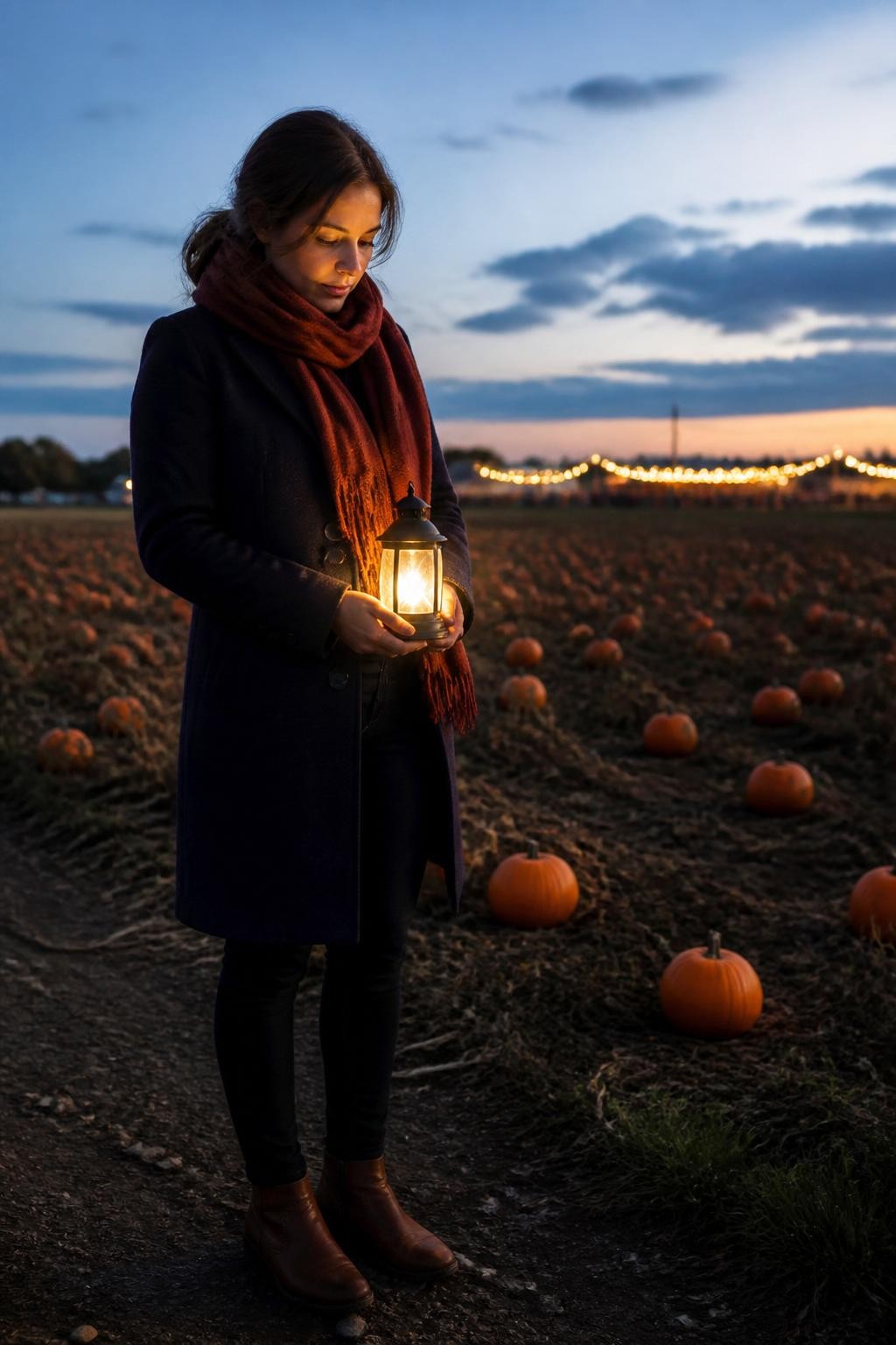 Image Prompt: A cinematic but realistic DSLR photograph of a young white woman standing at the edge of a pumpkin field just after sunset. She wears a deep navy wool coat, a rust-colored scarf, dark trousers, and leather boots. She holds a small lantern-style battery light near her waist, creating a soft glow across her hands and coat without overpowering the cool evening light. Rows of pumpkins stretch behind her beneath a pale blue sky, while distant farm string lights begin to glow. She looks down toward the lantern with a calm expression. Realistic low-light exposure, natural skin texture, visible coat fibers, subtle cool and warm contrast, atmospheric editorial fall photography.