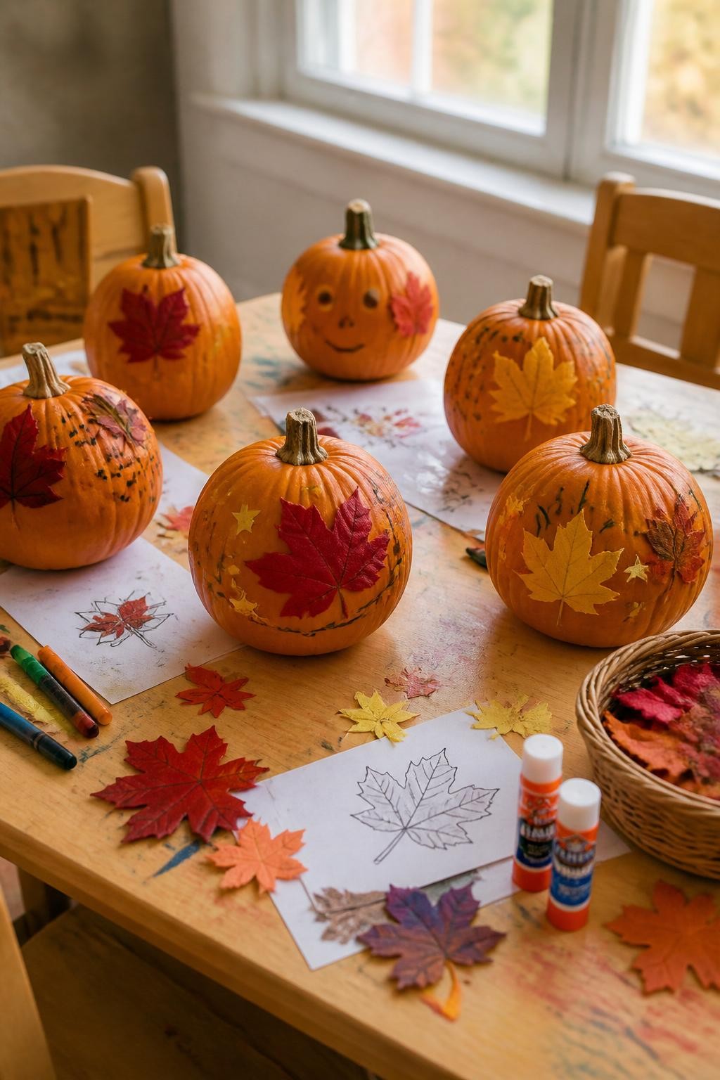 Image Prompt: A realistic DSLR photo of small pumpkins decorated with colorful faux fall leaves, paper leaf cutouts, gold star stickers, and simple marker lines, arranged on a wooden kids craft table with glue sticks, crayons, leaf templates, and baskets of craft leaves, warm autumn window light, cozy no-carve pumpkin decorating style.