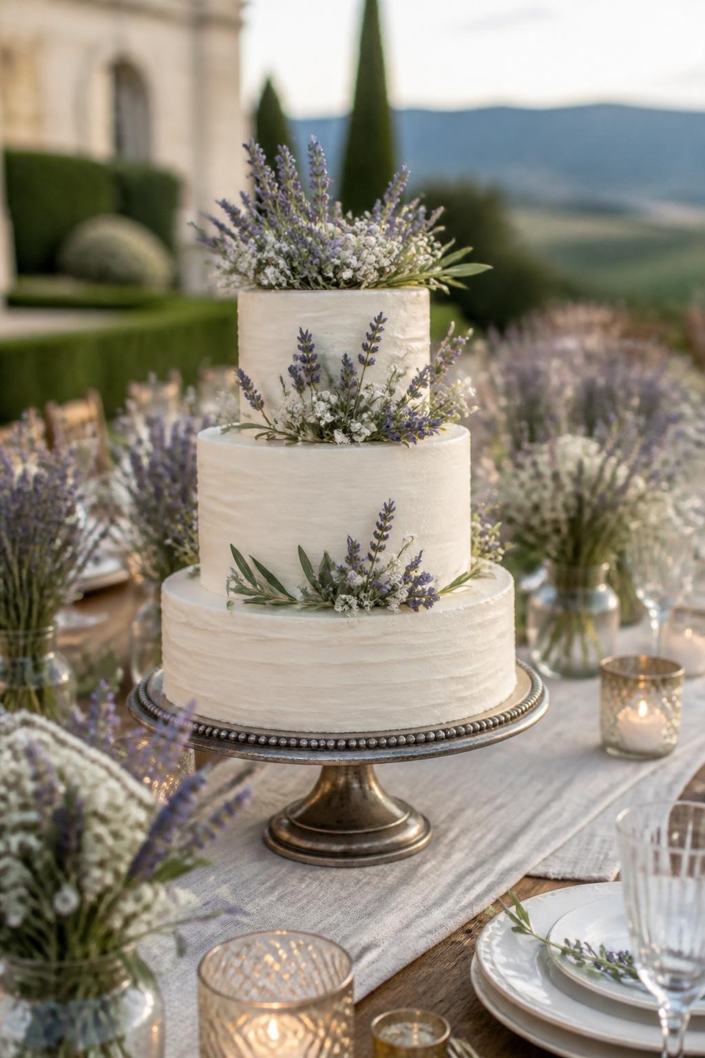 Image Prompt: Ultra-realistic wedding party scene featuring a lavender Provence wedding cake with smooth or lightly textured ivory buttercream, lavender sprigs, small white flowers, and soft greenery. Place the cake on a rustic-elegant table at a real outdoor wedding reception with candles, linen runner, vintage glassware, lavender floral centerpieces, and a softly blurred countryside or chateau garden backdrop. Keep the cake as the hero of the image. No visible faces. If guests appear, show only cropped hands, side views in blur, back views, or neck-down figures. Realistic lavender texture, soft cake finish, natural DSLR wedding light. (no watermarks on images)