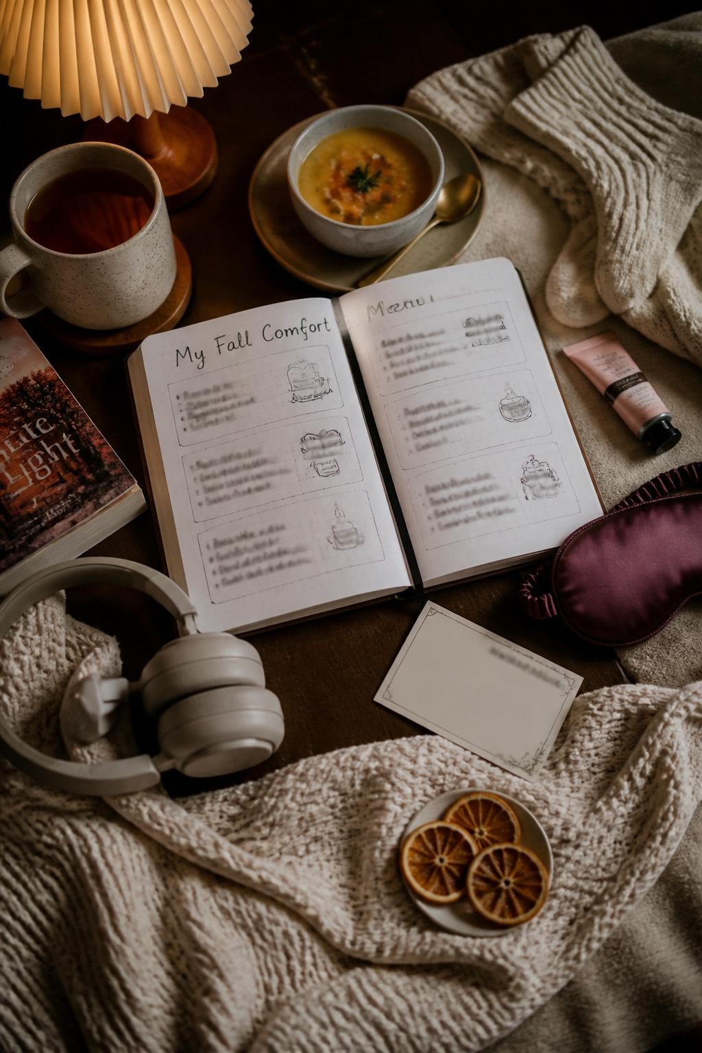 Image Prompt: A realistic lifestyle flat lay showing a personal fall comfort menu being created in an open journal, page divided into small comforting choices with writing blurred, surrounded by a paperback book, soft socks, herbal tea, small bowl of soup, hand cream, sleep mask, headphones, and a card with a trusted contact’s details turned face down, cream knit blanket and dried orange slices adding subtle seasonal warmth, soft evening lamplight, muted rust, olive, plum, and beige palette, highly realistic objects and paper textures, editorial DSLR photography, 50mm lens, no readable private text.