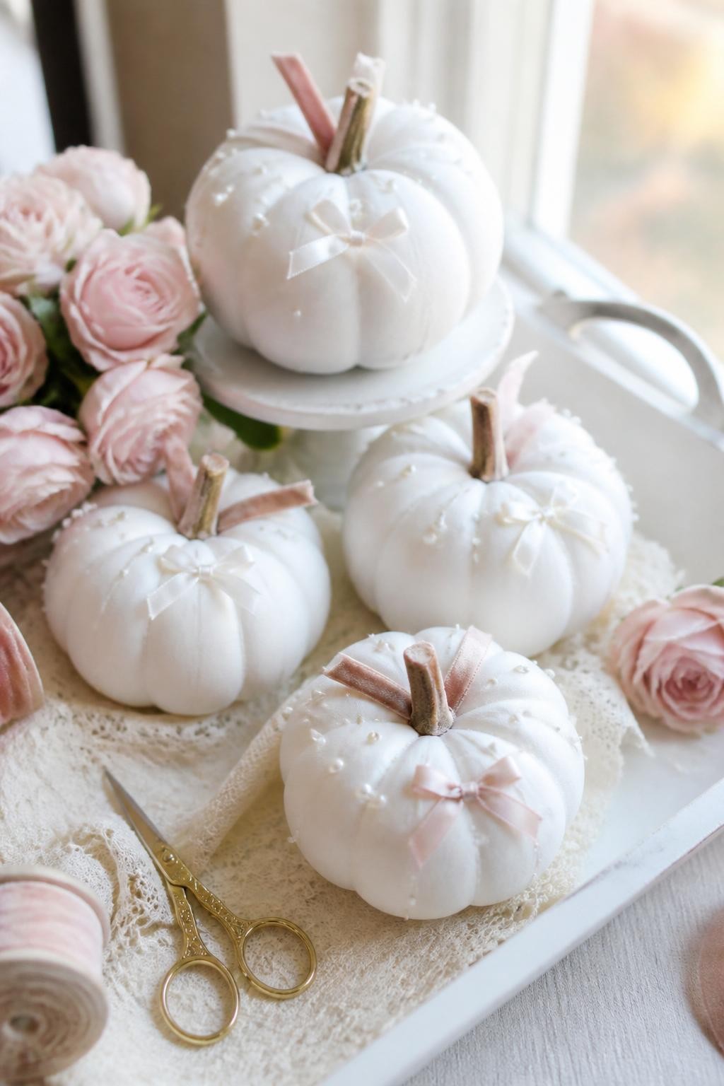Image Prompt: A realistic DSLR photo of small white fake pumpkins decorated with tiny pearl stickers, satin bows, velvet ribbon stems, and soft blush accents, arranged on a white tray with lace fabric, gold scissors, pink roses, and warm natural window light, feminine fall craft decor style.