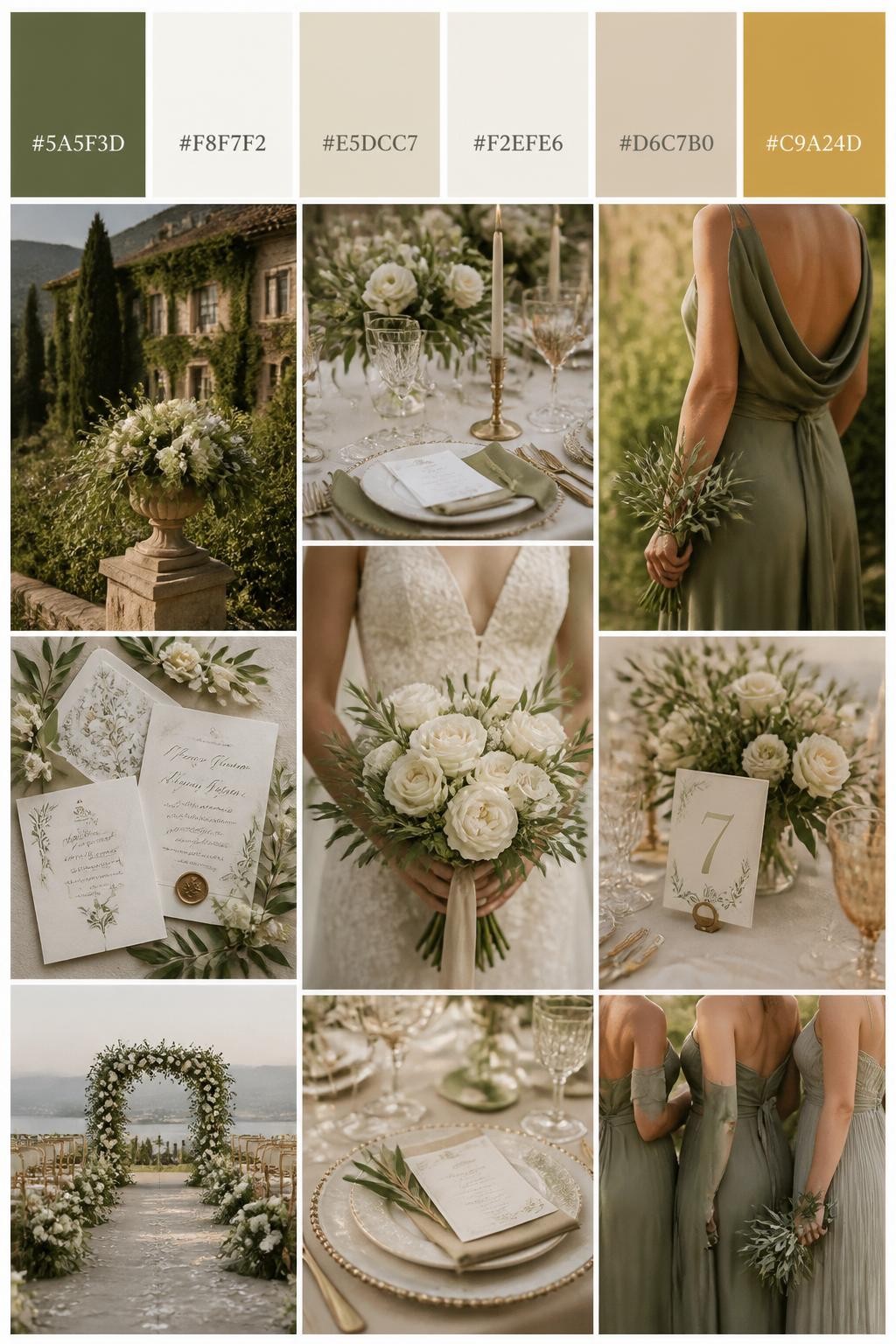 Image Prompt:
A realistic vertical wedding mood board with a top palette strip showing hex codes in olive green, warm white, champagne, ivory, beige, and muted gold. Below the swatches, show a romantic collage of olive greenery, warm white florals, champagne glassware, polished table settings, invitation styling, a bouquet held in front of the body with no face visible, cropped bridesmaid dress details, and warm ceremony decor in a beautifully styled estate or garden setting. Use varied no-face compositions such as side views, back views, hand-held bouquet close-ups, and no-people tablescape shots. DSLR realism, Pinterest-style collage layout, 9:16 vertical format. (no watermarks on images)