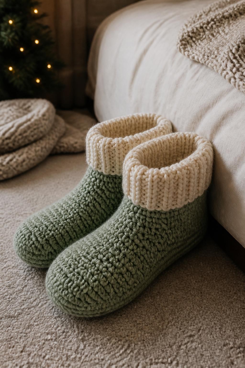 A realistic iPhone photograph of a pair of handmade crochet slipper socks in soft sage green yarn with cream ribbed cuffs, resting beside a bed and knitted blanket, subtle Christmas lights blurred in the background, natural afternoon light, realistic yarn texture and cozy home setting, no text
