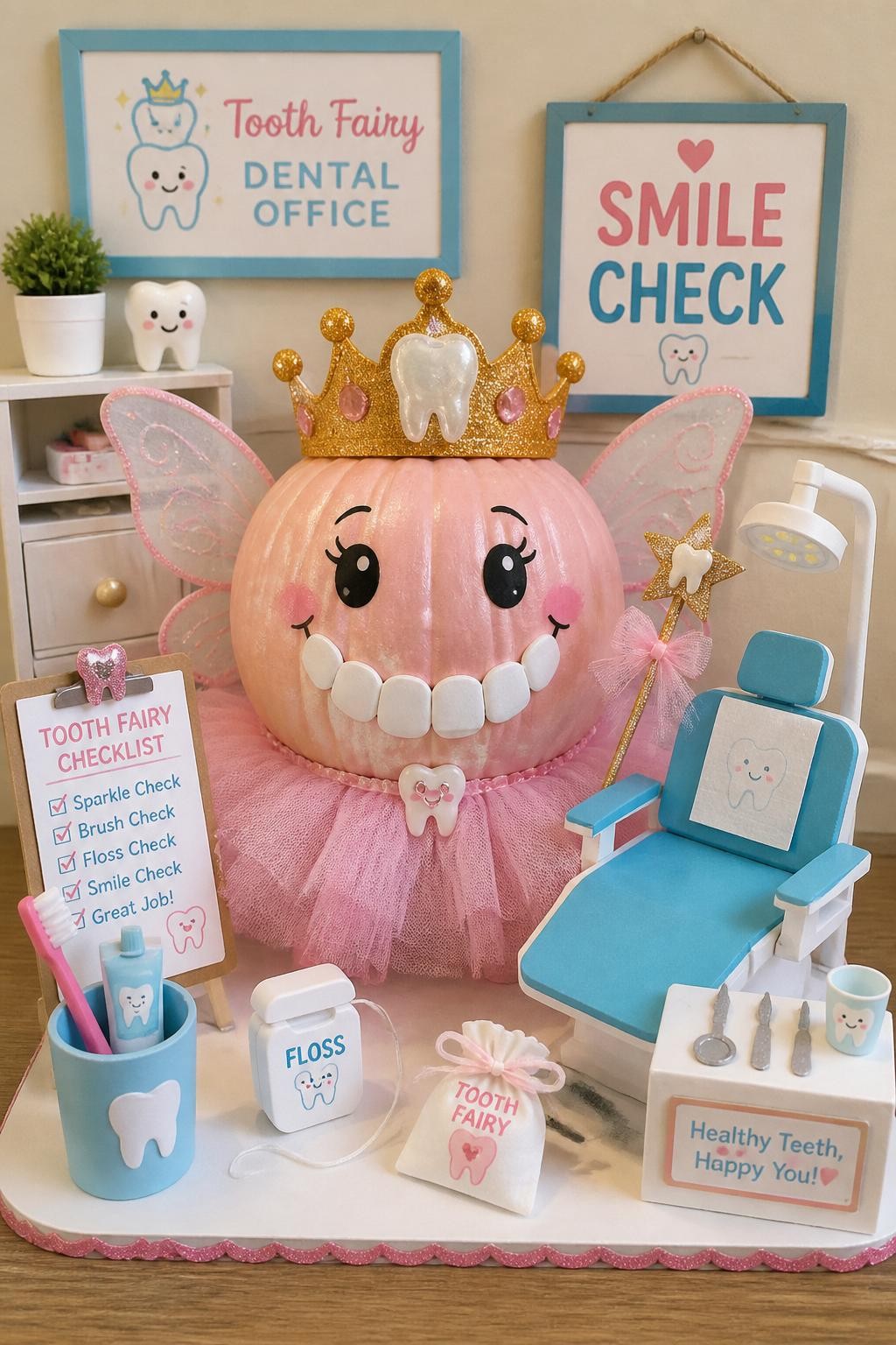 Make a Dental Office Tooth Fairy Pumpkin. This idea turns the tooth fairy into the star of a tiny dental office scene. Decorate the pumpkin with wings, a crown, and a tooth smile, then build small props around it like a clipboard, toothbrush, floss, and a little paper dental chair. A “Smile Check” sign brings the whole scene together.