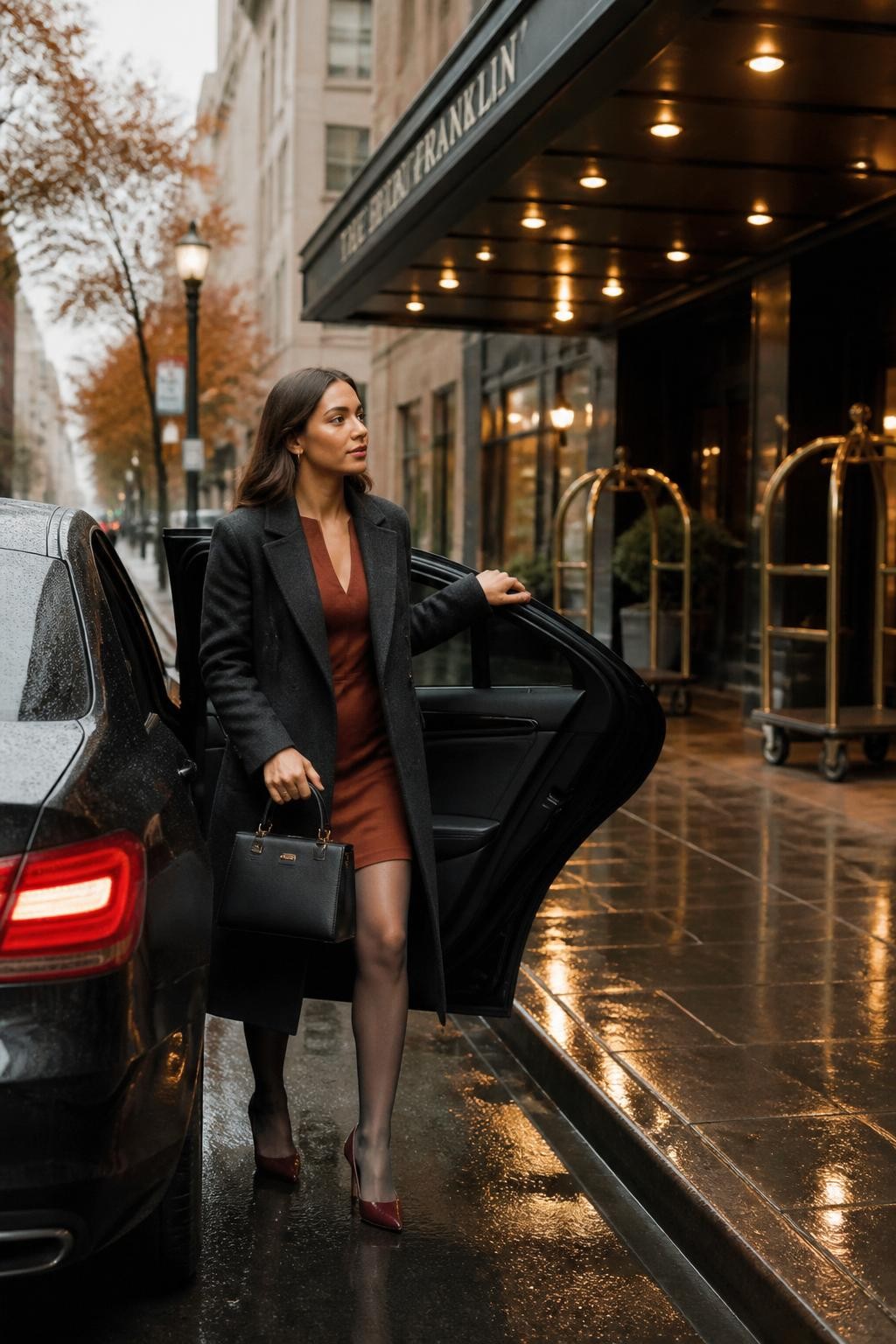 Image Prompt: A realistic street-style DSLR photograph of a young Latina woman stepping out of the rear door of a dark sedan beneath a city hotel awning after light fall rain. She wears a long charcoal coat over a cinnamon-colored dress, sheer tights, burgundy heels, and a structured black handbag. One foot is already on the wet pavement while the other remains inside the car, and one hand holds the top of the door for balance. She looks toward the building entrance with a calm expression. Warm awning lights, wet road reflections, brass luggage carts, and blurred amber trees create depth. Natural olive skin tone, realistic vehicle proportions, believable rain reflections, crisp coat texture, sophisticated arrival photography.