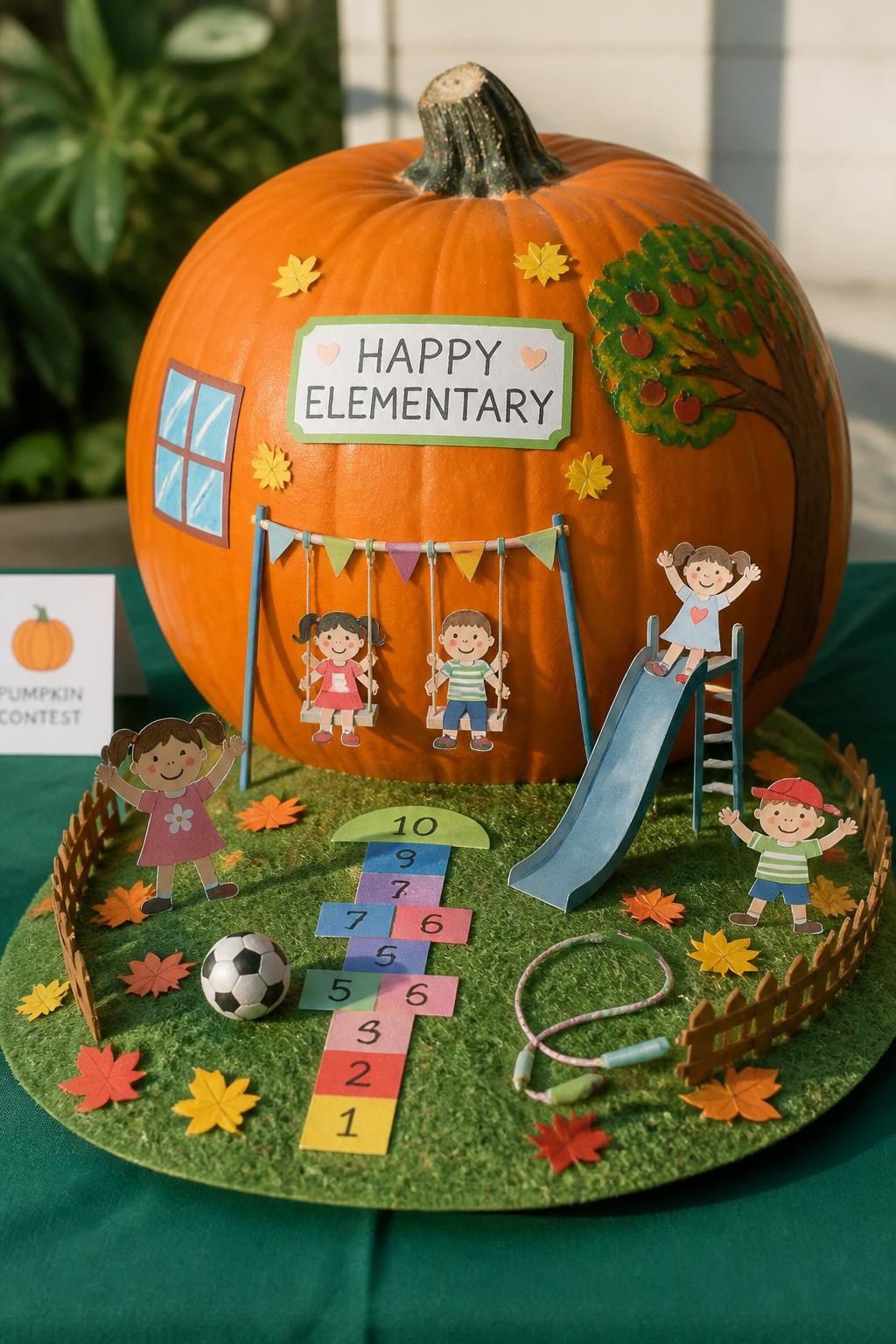 Image Prompt: A realistic DSLR photo of a medium orange pumpkin decorated as a cheerful school playground scene, with tiny paper swings, slide, soccer ball, jump rope, hopscotch path, mini fence, and paper children silhouettes, displayed on a green felt grass base with autumn leaves, bright natural light, playful school contest craft display.