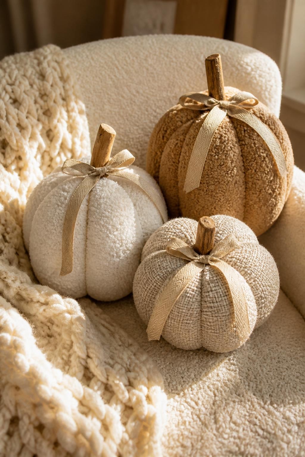 Image Prompt: A realistic DSLR close-up photo of foam pumpkins covered in cream bouclé fabric, oatmeal textured fabric, and soft tan sherpa material, with simple wood stems and neutral ribbon, arranged on a boucle chair with a chunky knit blanket and warm fall sunlight, cozy modern home decor photography.