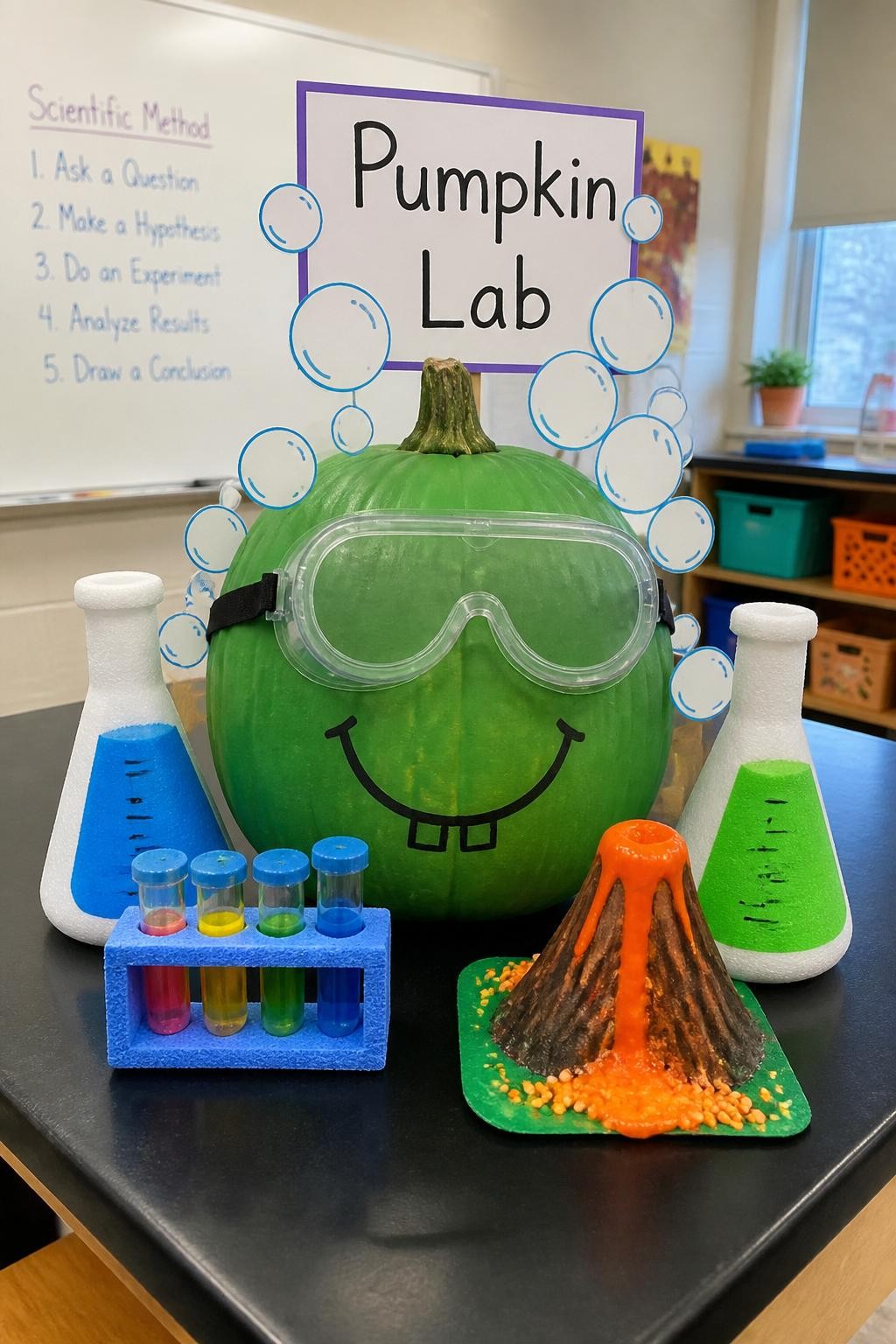 Image Prompt: A realistic DSLR photo of a green-painted pumpkin decorated like a fun school science experiment, with safety goggles, paper bubbles, mini test tubes with colored water, foam beakers, a small volcano model, and a sign that says “Pumpkin Lab,” displayed on a classroom science table with bright clean lighting, playful STEM pumpkin contest idea.