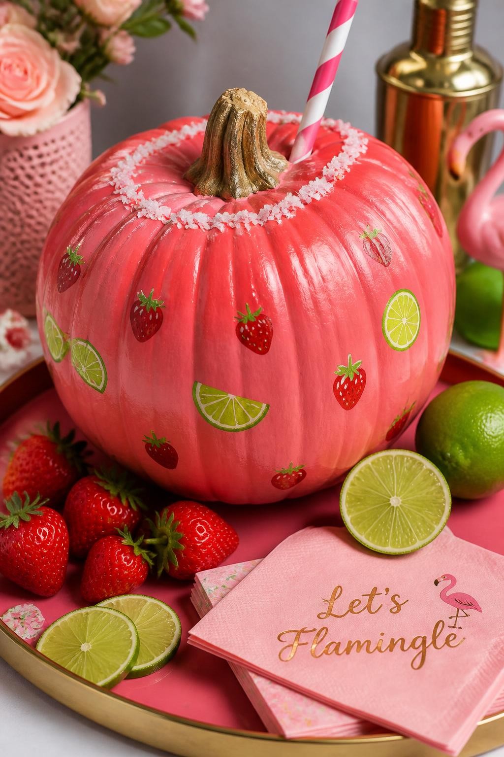 Image Prompt: A realistic DSLR photo of a red-pink pumpkin decorated with tiny painted strawberries, lime slices, white faux salt rim, glossy highlight details, and a mini striped straw near the stem, arranged on a pink tray with fresh strawberries, limes, and cocktail napkins, bright cheerful adult party decor photography.