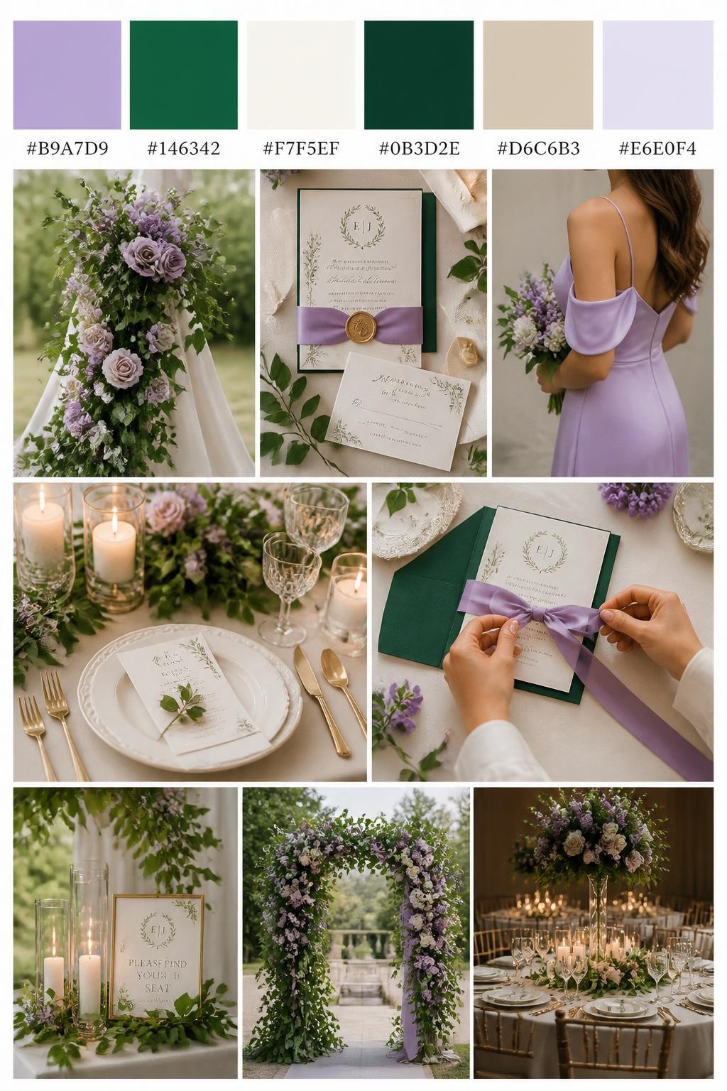 Image Prompt:
A realistic wedding color palette collage with a top row of swatches and hex codes in lilac, emerald green, ivory, deep green, soft beige, and pale lavender. Below, show realistic wedding details such as emerald greenery, lilac flowers, ivory table styling, elegant stationery, hands tying an invitation suite, a cropped-from-neck bridesmaid dress detail, and a softly lit reception setup. Keep all people shown from the back, side, or cropped below the face, and include some no-people decor scenes for variety. The mood should feel rich, fresh, and romantic with DSLR-quality realism. 9:16 vertical format. (no watermarks on images)