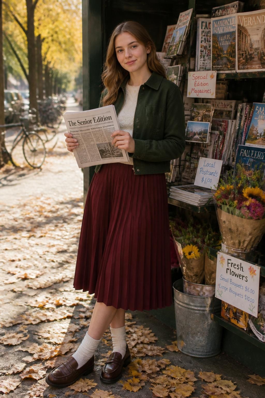 Image Prompt: A realistic full-body DSLR senior portrait of a white teenage girl standing beside a small outdoor newspaper and magazine kiosk on a crisp fall morning. She wears a cropped dark green barn jacket over a fitted cream knit top, a burgundy pleated midi skirt, ribbed socks, and polished brown loafers. She holds a custom folded newspaper with a tasteful headline reading “The Senior Edition” in clean black lettering, with no real publication logos. Colorful magazine covers, postcards, flower bundles, and handwritten signs fill the kiosk behind her. Golden leaves collect along the pavement, bicycles appear softly out of focus, natural pale skin texture, visible fabric detail, soft morning light, polished but youthful 2026 editorial photography.
