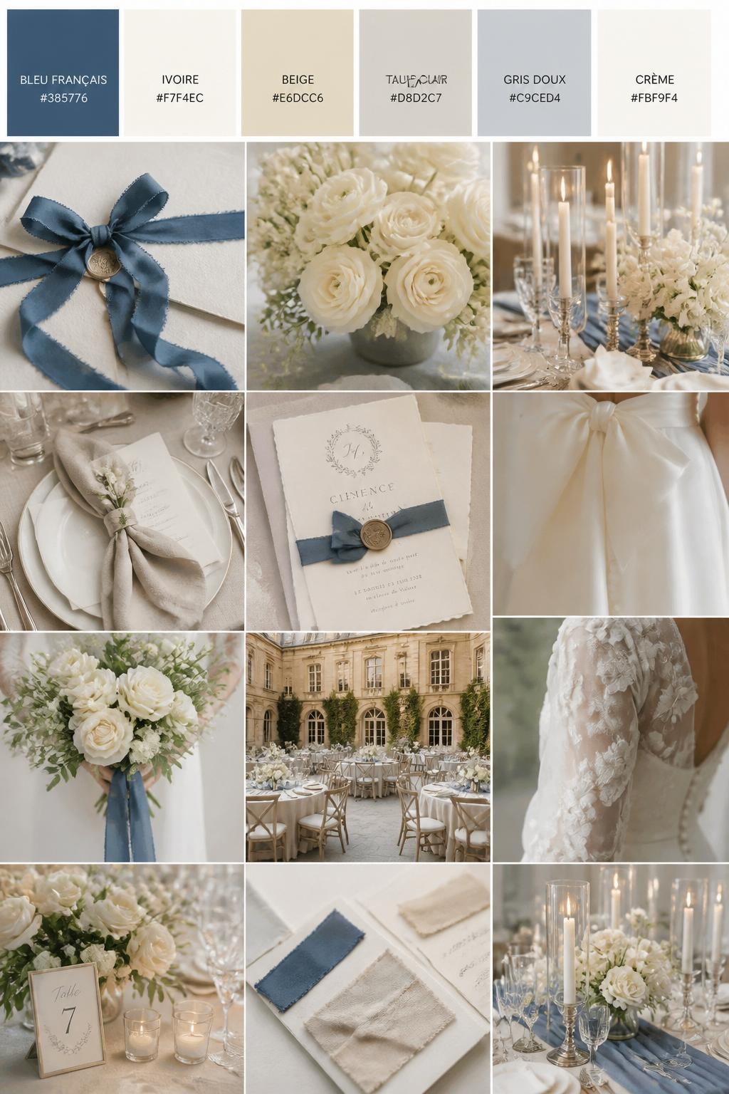 Image Prompt:
A realistic wedding palette board featuring a top row of color swatches and hex codes in French blue, ivory, beige, pale taupe, soft gray, and cream. Below, show a polished collage of wedding visuals: French blue ribbon, ivory flowers, beige linens, elegant paper goods, candlelit centerpieces, cropped dress detail shots, bouquet styling in hands-only composition, and no-people reception tables in a refined estate setting. Avoid showing faces by using back angles, side crops, waist-up detail framing, and no-people scenes. The collage should feel classic, soft, and quietly luxurious with DSLR-quality detail. 9:16 vertical format. (no watermarks on images)