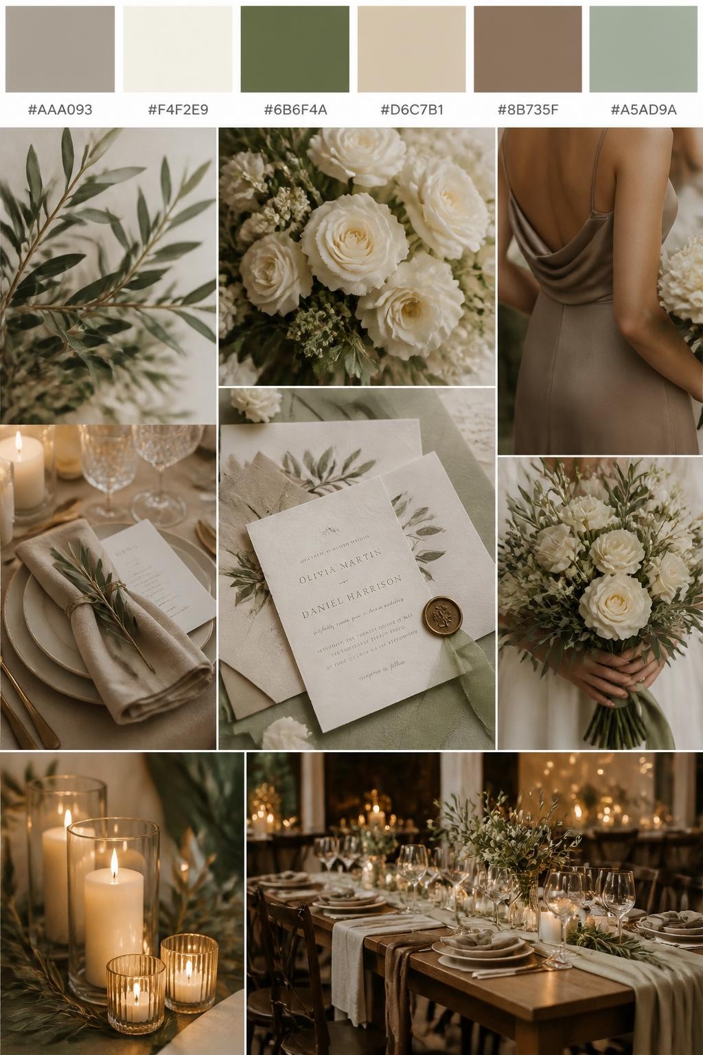 Image Prompt:
A realistic wedding mood board with a top strip of color swatches and small hex codes in taupe, ivory, olive green, warm beige, soft brown, and muted sage. Below, show a romantic collage of wedding details: olive branches, ivory florals, taupe table styling, soft candles, elegant invitations, a cropped bridesmaid dress detail from the neck down, hands holding a bouquet, and a no-people reception table glowing in warm light with earthy decor. Keep the collage polished, soft, and natural with DSLR-style realism. Use no clear faces, with side angles, back views, detail-only shots, and no-people scenes. 9:16 vertical format. (no watermarks on images)