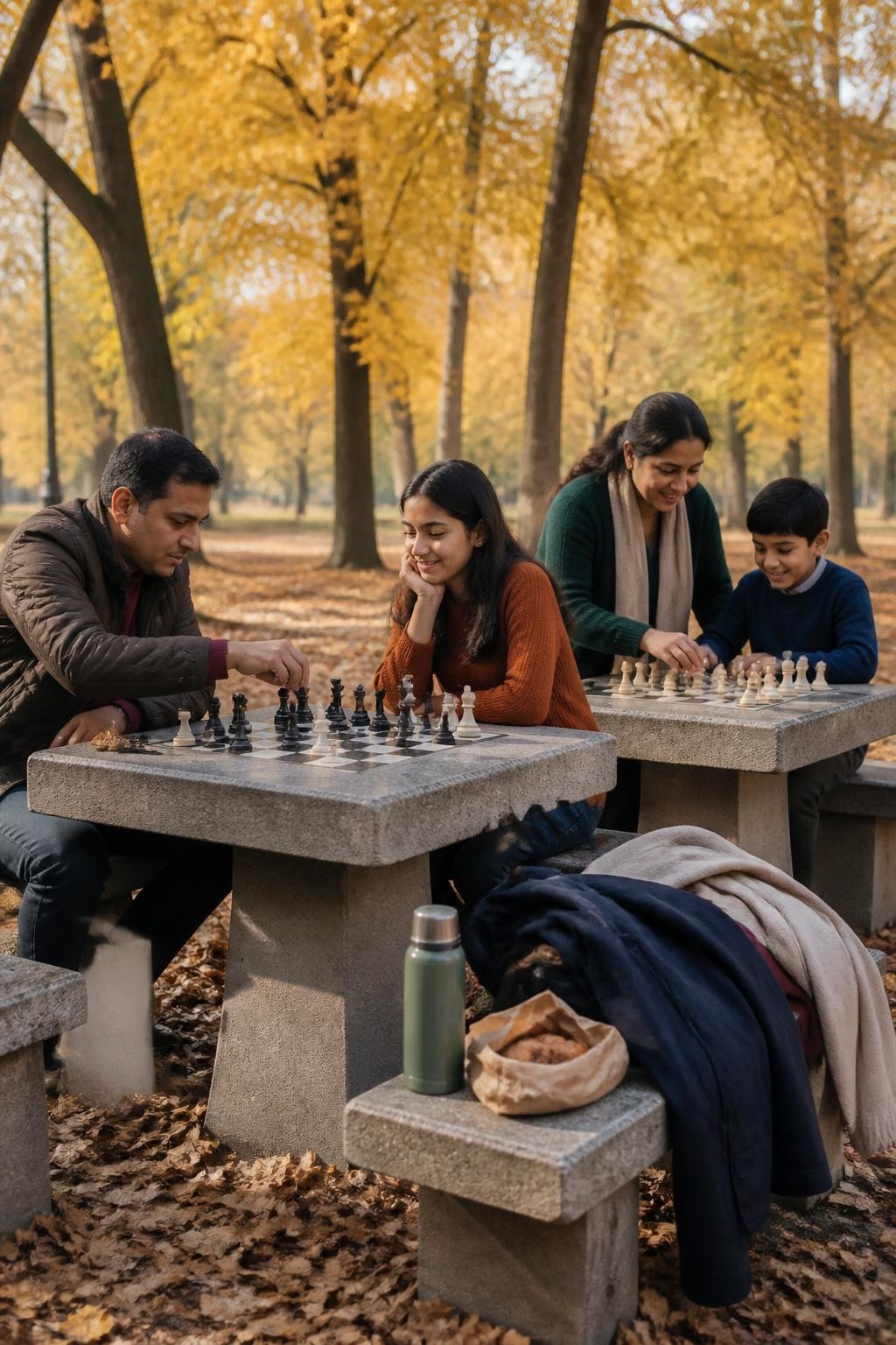 Image Prompt: A realistic DSLR lifestyle image of a South Asian family gathered around two permanent stone chess tables in a leafy public park. A teenage daughter plays against her father at one table while the mother helps a younger child arrange oversized chess pieces at the second. They wear coordinated autumn clothing in chocolate, rust, dark green, cream, and navy without matching exactly. A thermos, paper bags of pastries, and folded coats rest on a nearby bench. Copper leaves cover the ground, and amber trees form a softly blurred background. Natural brown skin tones, realistic game pieces and hands, morning side light, candid concentration and laughter, thoughtful editorial composition.