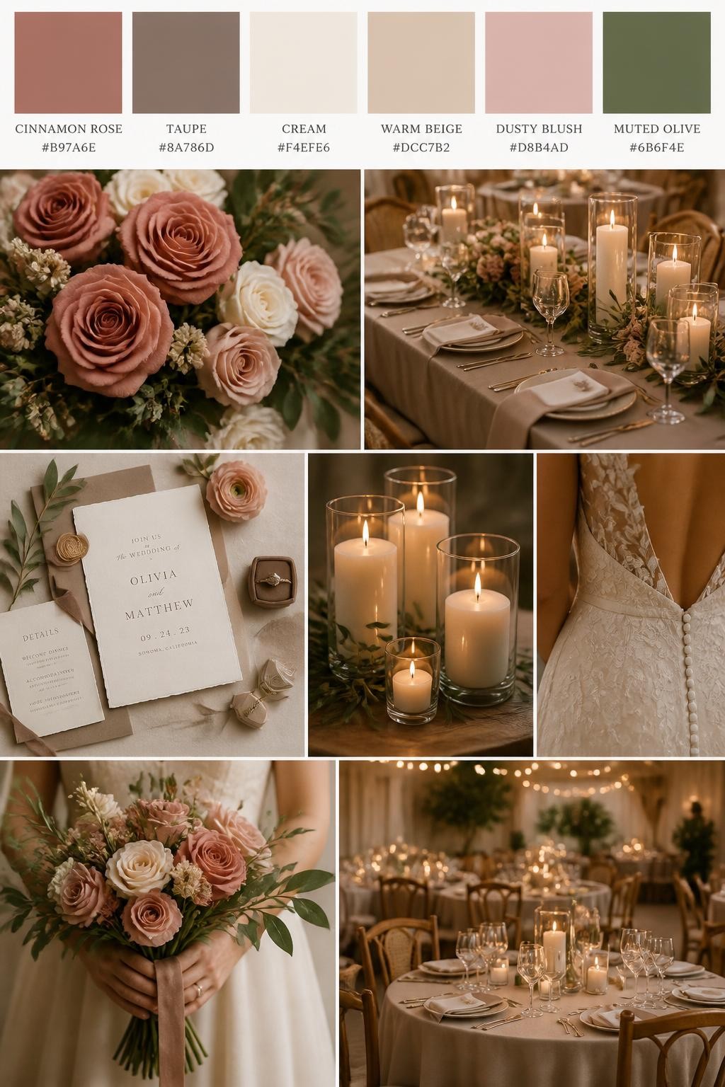 Image Prompt:
A realistic wedding palette board featuring a top row of color swatches and hex codes in cinnamon rose, taupe, cream, warm beige, dusty blush, and muted olive. Below, show a polished collage of wedding visuals: cinnamon rose flowers, taupe linens, cream candles, elegant paper goods, cropped dress detail shots, bouquet styling in hands-only composition, and no-people reception tables glowing in warm light. Avoid showing faces by using back angles, side crops, waist-up detail framing, and no-people scenes. The collage should feel warm, romantic, earthy, and polished with DSLR-quality detail. 9:16 vertical format. (no watermarks on images)