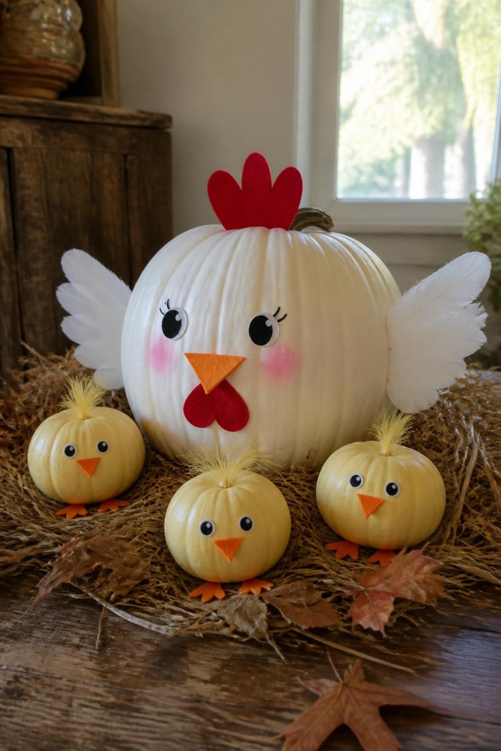 Image Prompt: A realistic DSLR photo of a large white pumpkin decorated as a mother hen with a red felt comb, paper beak, soft feather wings, surrounded by three mini yellow chick pumpkins with tiny feet and beaks, arranged in a straw nest on a farmhouse table with dried leaves, warm natural light, cute family pumpkin display.