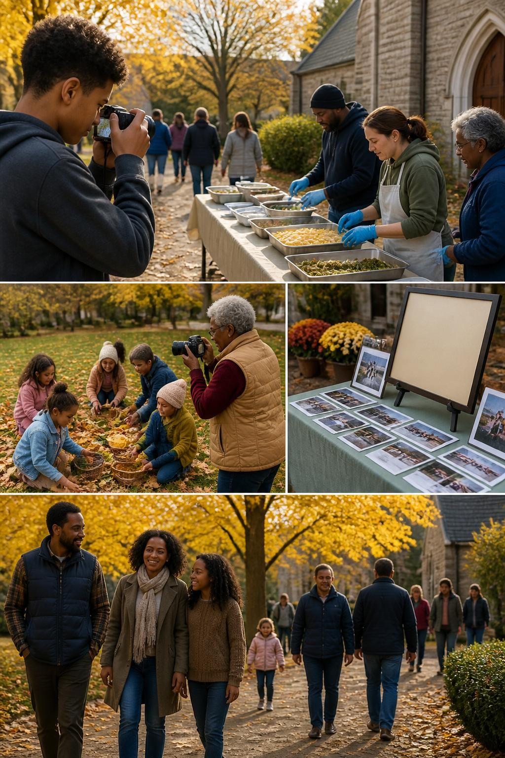 Image Prompt: Members of a church community taking photographs throughout a fall activity day, a teenager using a compact camera to capture volunteers preparing food, an older Black woman photographing children playing a leaf-sorting game, families walking beneath golden trees outside the church, printed photos and a blank display board visible on a nearby table, casual layered clothing, candid documentary atmosphere, soft daylight, editorial DSLR photography, no readable signs, no text overlay.