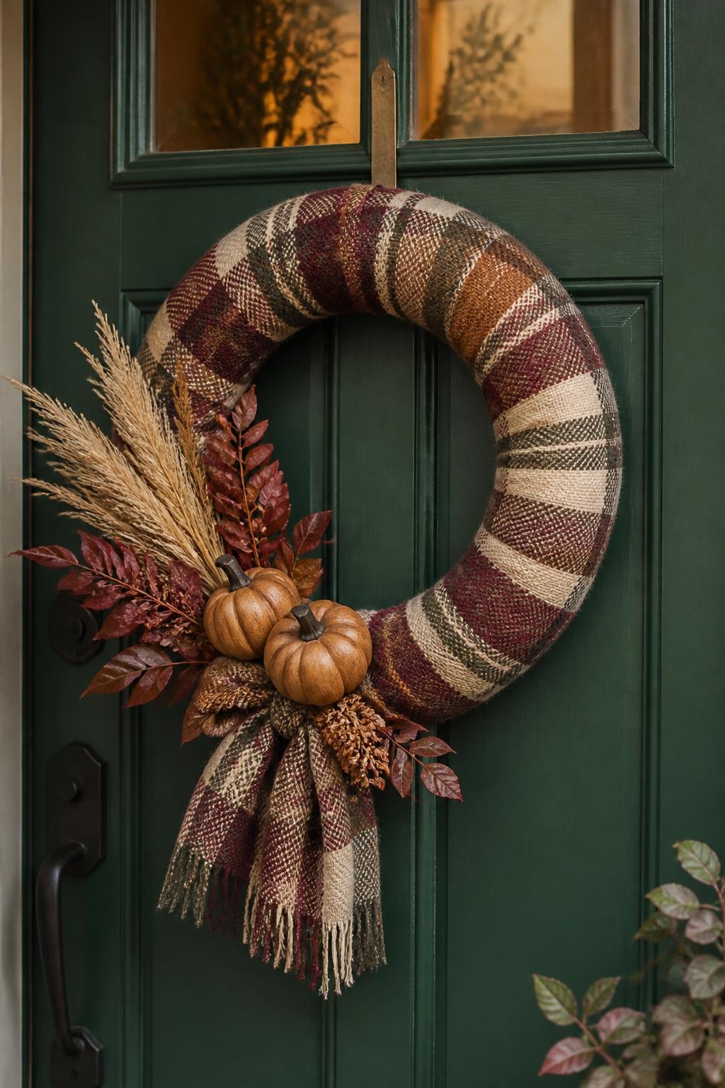 Image prompt: A cozy handmade fall front-door wreath made from a round foam base completely wrapped in a soft camel, cream, burgundy, and forest-green plaid scarf, decorated on one lower side with two small matte wooden pumpkins, dried beige grass, burgundy leaves, and a simple knotted scarf tail, hanging on a deep green cottage-style door, realistic woven fabric texture and slightly uneven wrapping, warm porch light, natural autumn shadows, DSLR photography, no people, vertical image.