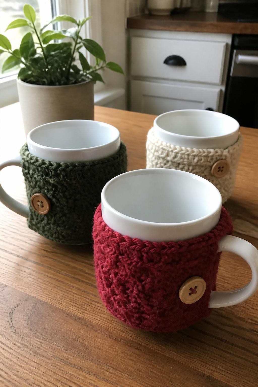 A realistic iPhone photograph of three handmade crochet mug cozies in muted red, forest green, and cream yarn, wrapped around plain ceramic mugs on a kitchen table, each secured with a small wooden button, natural morning window light, realistic yarn fibers and simple handmade stitches, no logos, no text