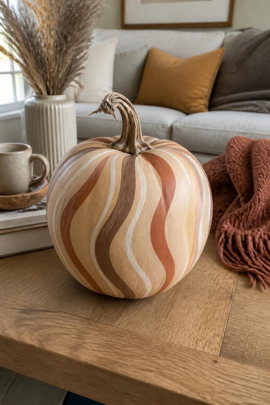 Horizontal 16:9 casual iPhone photograph of a real warm-beige pumpkin painted with loose continuous wavy lines in cream, muted terracotta, and soft brown, lines wrapping naturally around the curved surface with slightly uneven handmade spacing, natural twisted stem, displayed on a light wood coffee table beside stacked neutral books, a ceramic mug, dried grasses, and a folded rust-colored throw, soft afternoon window light, realistic phone-camera quality, visible brush texture, lived-in modern home, no studio lighting, no text.