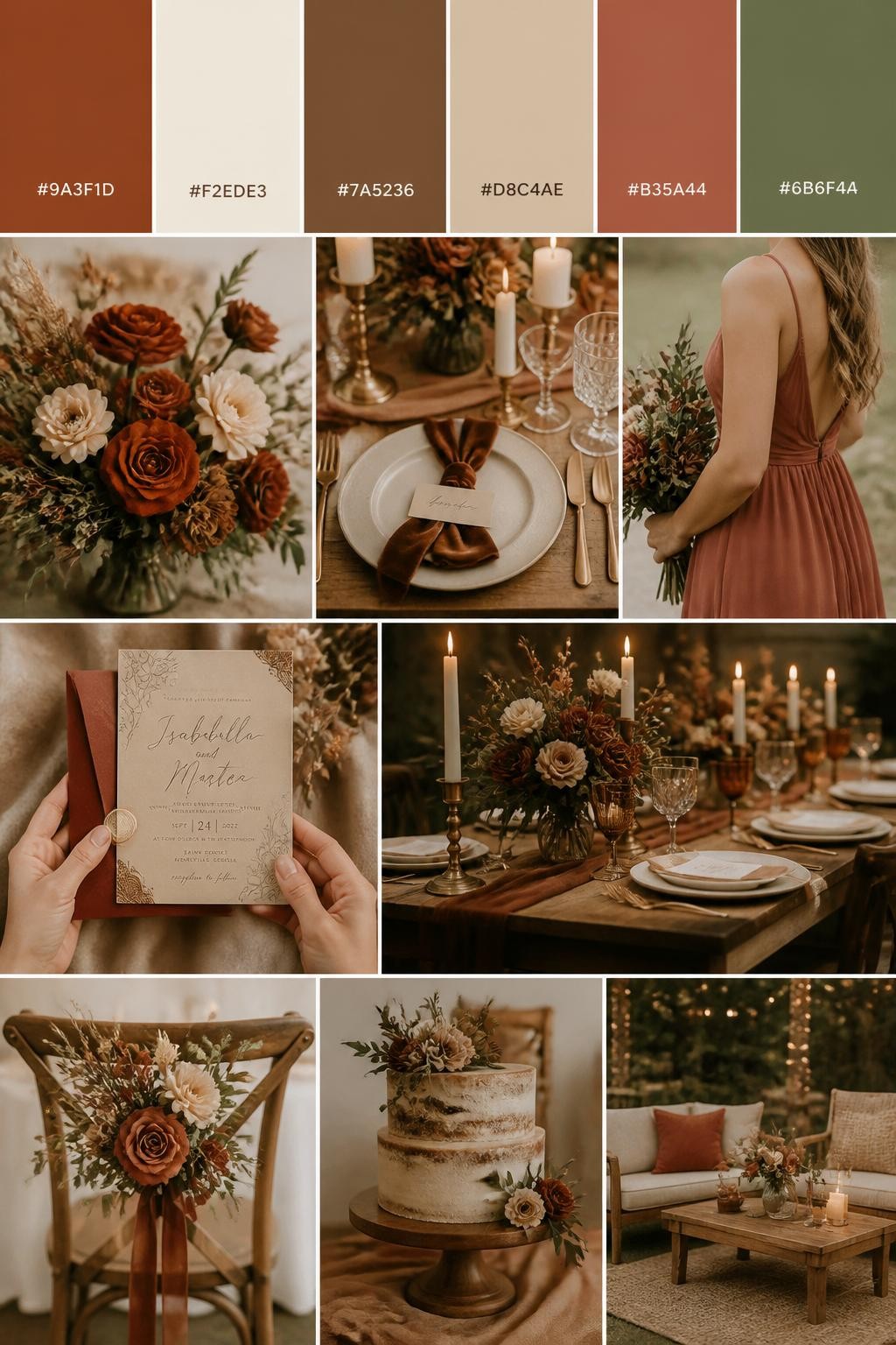 Image Prompt:
A realistic Pinterest-style wedding palette board with a top row of swatches and hex codes in rust, cream, warm brown, soft beige, clay, and muted olive. Below the swatches, create a refined wedding collage with rust-toned flowers, cream candles, brown velvet ribbon, wooden table styling, romantic stationery, a side-view bouquet shot, a bridesmaid dress detail cropped below the shoulders, and a no-people reception setup with earthy textures and candlelight. Use varied no-face compositions, including hands-only details, back-view styling, side-view crops, and no-people decor scenes. DSLR photo realism, 9:16 vertical format. (no watermarks on images)