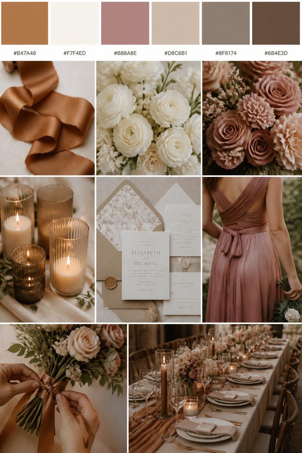 Image Prompt:
A realistic wedding inspiration mood board with a top row of swatches and small hex codes in caramel, ivory, dusty rose, warm beige, taupe, and soft brown. Under the palette strip, show a polished collage of caramel ribbon, ivory flowers, dusty rose blooms, candle holders, elegant paper goods, a cropped bridesmaid dress image from the neck down, hands tying ribbon around a bouquet, and a romantic reception table with warm earthy accents. Use only back views, side views, detail crops, and no-people decor scenes to avoid face issues. DSLR-style realism, 9:16 vertical format. (no watermarks on images)