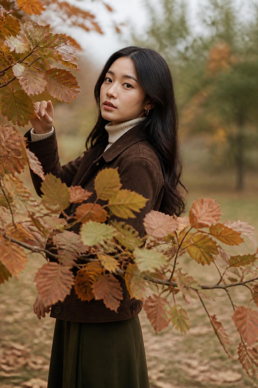 Image Prompt: A realistic medium-length outdoor portrait of a young East Asian woman standing behind a low branch filled with rust, gold, and faded green leaves. She wears a fitted cream turtleneck, a chocolate brown suede jacket, a dark olive midi skirt, and small gold hoop earrings. The branch crosses the lower foreground while her face appears clearly through a natural opening in the foliage. One hand gently moves a leaf aside without pulling the branch, while her other shoulder angles away from the camera. She looks slightly past the lens with a calm expression. Soft cloudy daylight, accurate skin tone, natural hair texture, shallow depth of field, visible leaf veins, realistic suede texture, elegant editorial fall photography.