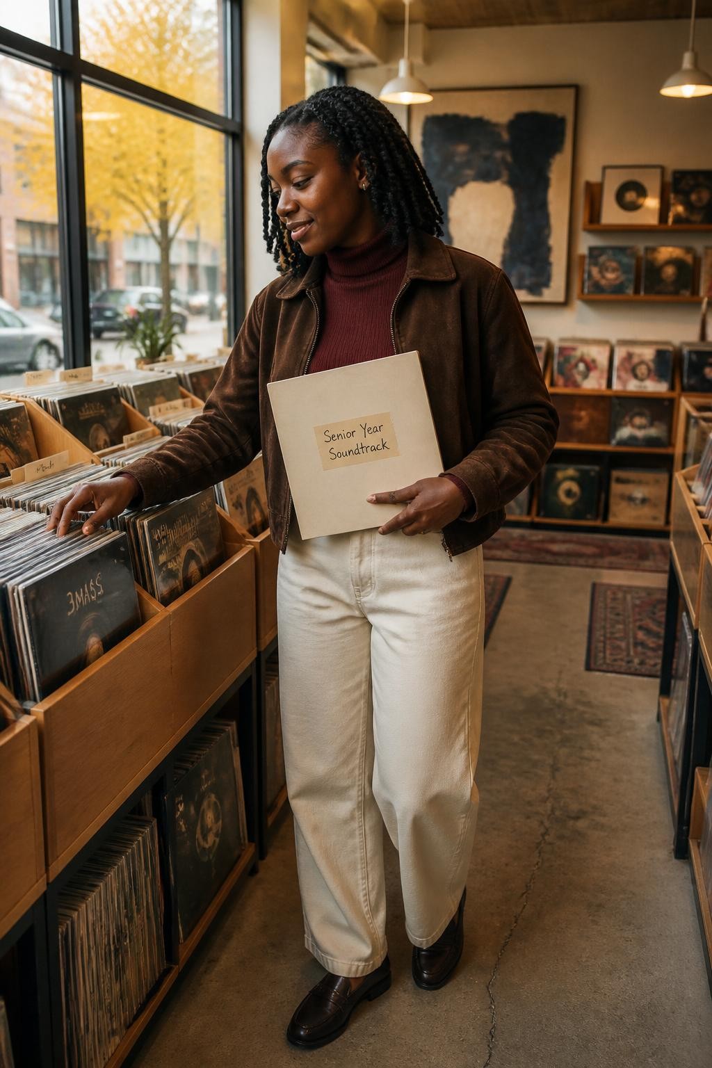 Image Prompt: A realistic indoor editorial photograph of a Black teenage girl browsing vinyl records inside an independent music shop. She has medium-deep brown skin and wears a fitted plum turtleneck, relaxed cream trousers, a cropped chocolate suede jacket, and dark loafers. Her natural hair is styled in neat shoulder-length twists. She holds one plain record sleeve with a handmade label reading “Senior Year Soundtrack,” while looking through the shelf with a soft smile. Warm wooden racks, abstract album covers, pendant lights, and a front window showing yellow trees create the background. Accurate skin tone, realistic hands, visible suede and knit textures, subtle film grain, youthful but sophisticated photography.