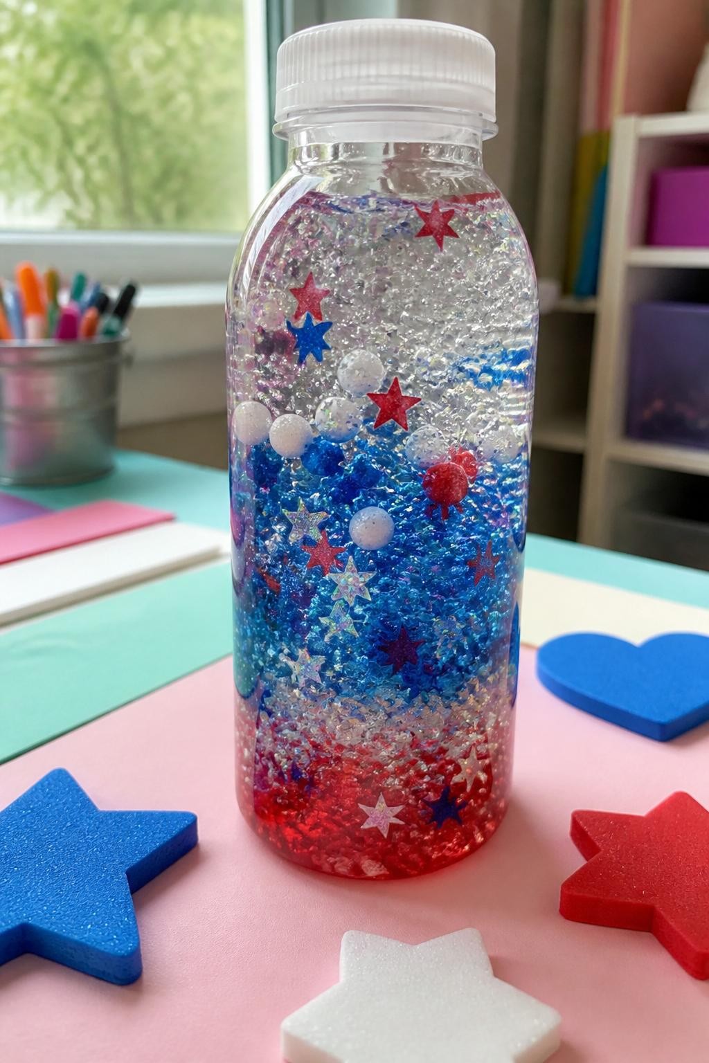 Image Prompt: Photo of a finished red, white, and blue sensory bottle craft, eye-level close-up, placed on a pastel craft mat workspace with large foam shapes nearby, bright natural daylight, sealed bottle occupying most of the frame, floating patriotic colors and gentle bubbles clearly visible, realistic craft photography, latest iPhone photo quality.