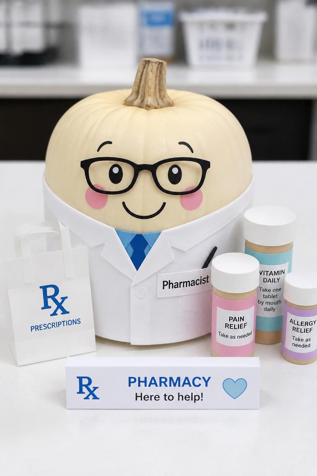 Image Prompt: A realistic DSLR photo of a small cream pumpkin decorated as a friendly pharmacist, with mini paper glasses, a white paper coat, a tiny prescription bag, pastel medicine bottle props made from paper tubes, a small pharmacy counter sign, clean white tabletop, bright overhead clinic lighting, detailed and cheerful healthcare craft display.