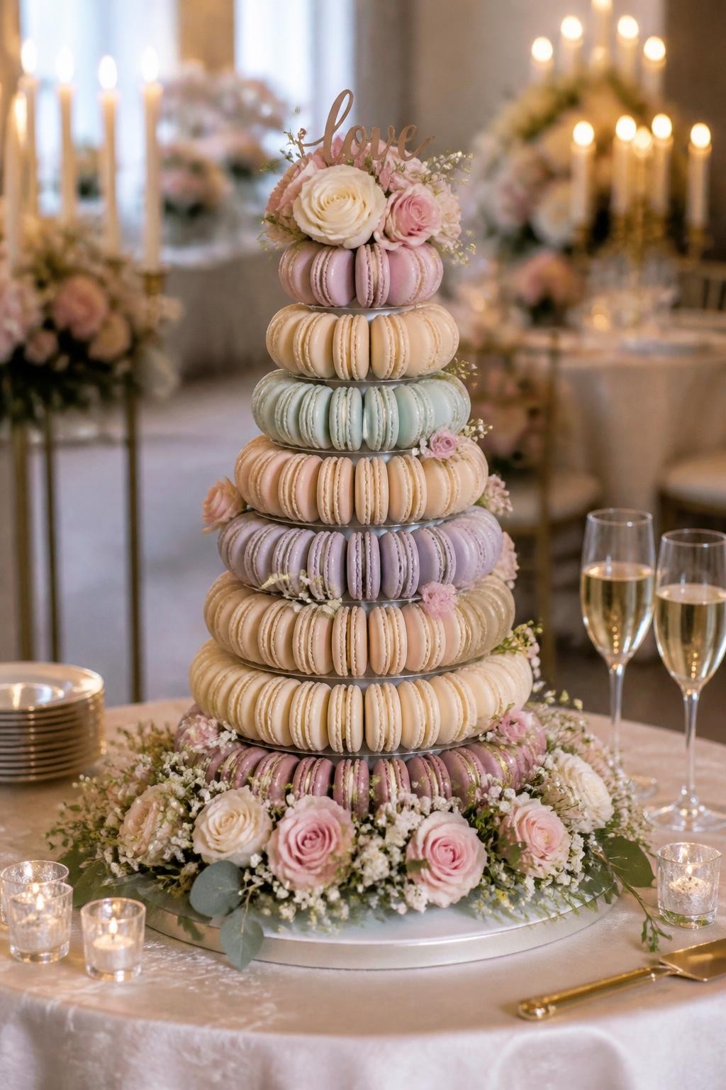 Image Prompt: Ultra-realistic wedding reception image of a French macaron wedding cake tower made with neatly stacked macarons in soft wedding colors such as blush, ivory, lavender, pale blue, and champagne. Add delicate flowers, ribbon details, and a small elegant topper for a bridal finish. Place the tower on a styled wedding dessert table with candles, florals, fine linens, champagne glasses, and a softly blurred reception background. No visible faces. If people appear, show only cropped hands, side views, back views, or figures from the neck down. Realistic macaron texture, soft pastel colors, DSLR wedding editorial style. (no watermarks on images)