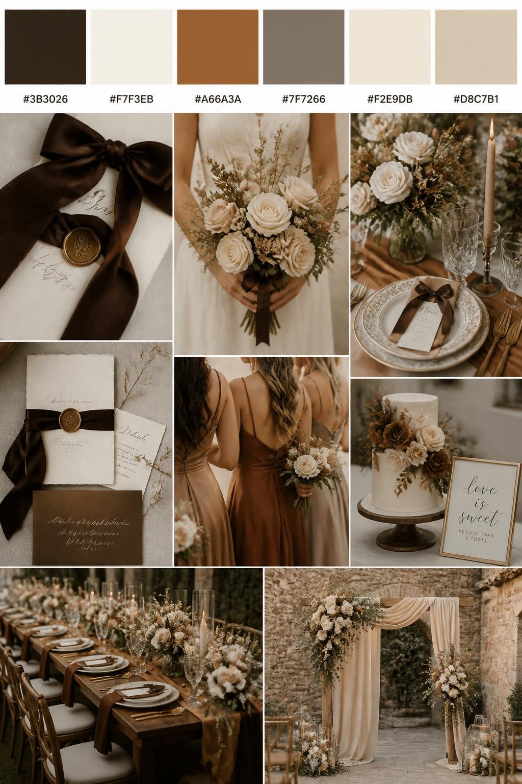Image Prompt:
A realistic vertical wedding mood board with a top palette strip showing hex codes in espresso brown, ivory, caramel, warm taupe, cream, and soft beige. Below the swatches, show a romantic collage of espresso ribbon, caramel accents, ivory flowers, polished table settings, invitation styling, a bouquet held in front of the body with no face visible, cropped bridesmaid dress details, and warm ceremony decor. Use varied no-face compositions such as side views, back views, hand-held bouquet close-ups, and no-people tablescape shots. DSLR realism, Pinterest-style collage layout, 9:16 vertical format. (no watermarks on images)