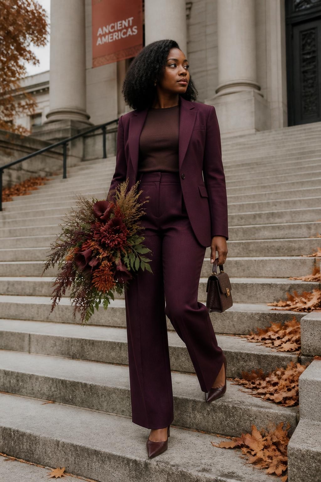 Image Prompt: A realistic full-body birthday fashion portrait of a young Black woman standing on wide stone museum steps during fall. She wears a tailored plum trouser suit over a fitted cocoa top, with dark pointed heels and a small structured handbag. Her natural hair is styled in a smooth shoulder-length twist-out. She holds a large sculptural bouquet of burgundy calla lilies, rust chrysanthemums, dried grasses, and deep green foliage low near one hip. Her front foot rests one step below the other, and her face turns toward the side. Copper leaves gather along the staircase edges. Natural medium-deep brown skin tone, soft overcast daylight, realistic tailoring, visible stone texture, elegant modern birthday portrait.