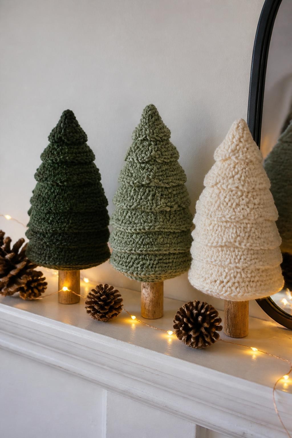 A realistic iPhone photograph of three small handmade crochet Christmas trees in dark green, sage, and cream yarn, lightly stuffed and standing on short wooden trunks, displayed on a mantel with pinecones and warm fairy lights, realistic crochet stitches and slightly imperfect handmade shapes, soft indoor light, no text