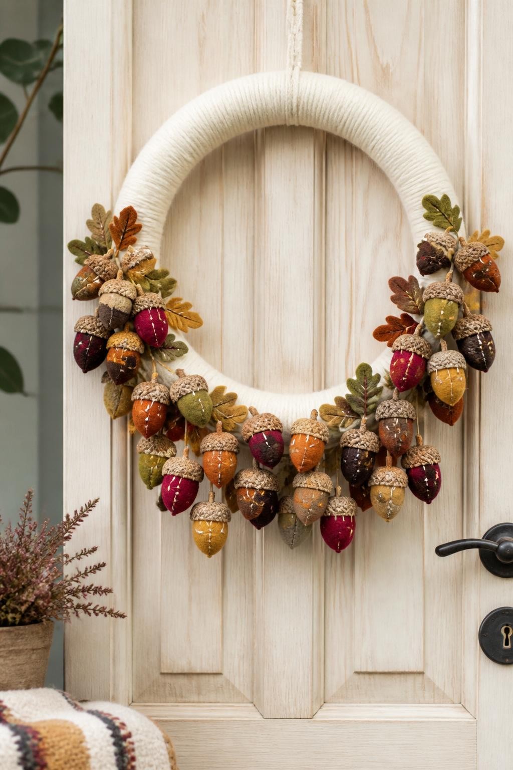 Image prompt: A soft colorful handmade fall wreath hanging on a pale wood front door, created on a cream wool-wrapped base with a long garland of small felt acorns in mustard, rust, burgundy, olive, camel, and chocolate brown draped around the lower half, each acorn topped with a natural acorn cap, mixed with tiny felt oak leaves and simple stitched details, cozy Scandinavian-style porch, realistic felt fibers and hand-sewn imperfections, gentle natural light, DSLR craft photography, no people, vertical frame.